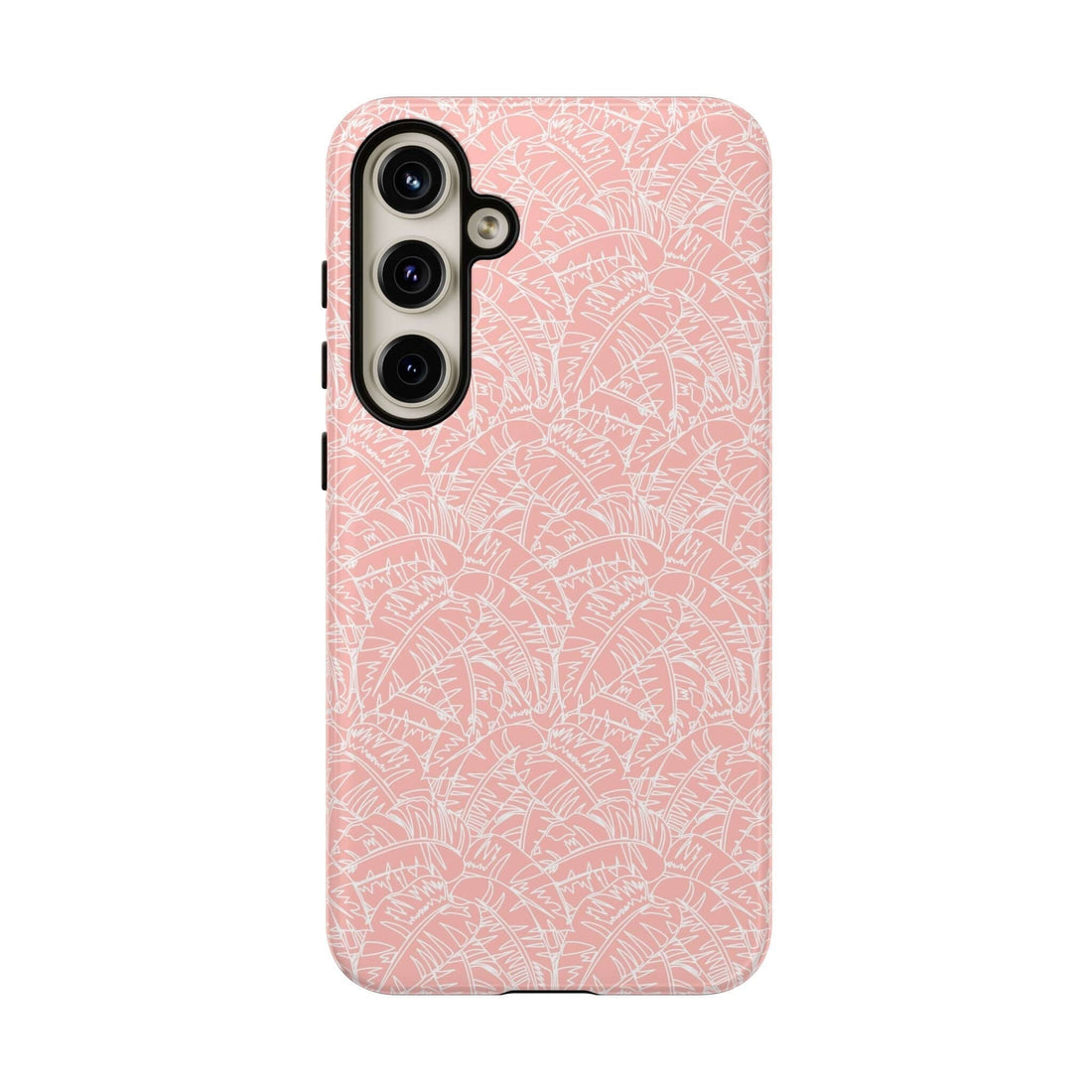 Pink iPhone case with delicate white leaf pattern on back