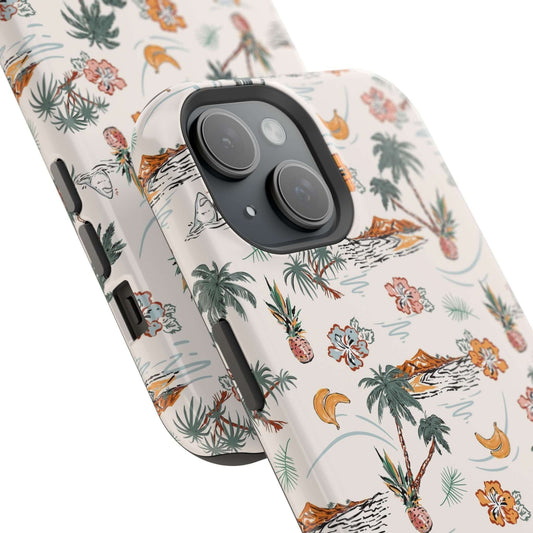 Tropical-themed iPhone 14 case with palm trees, flowers, and beach imagery for a cute and stylish phone accessory.