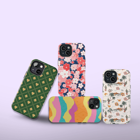 Four cute phone cases for iPhone and Samsung Galaxy with floral, heart, tropical, and abstract designs for coquette style.