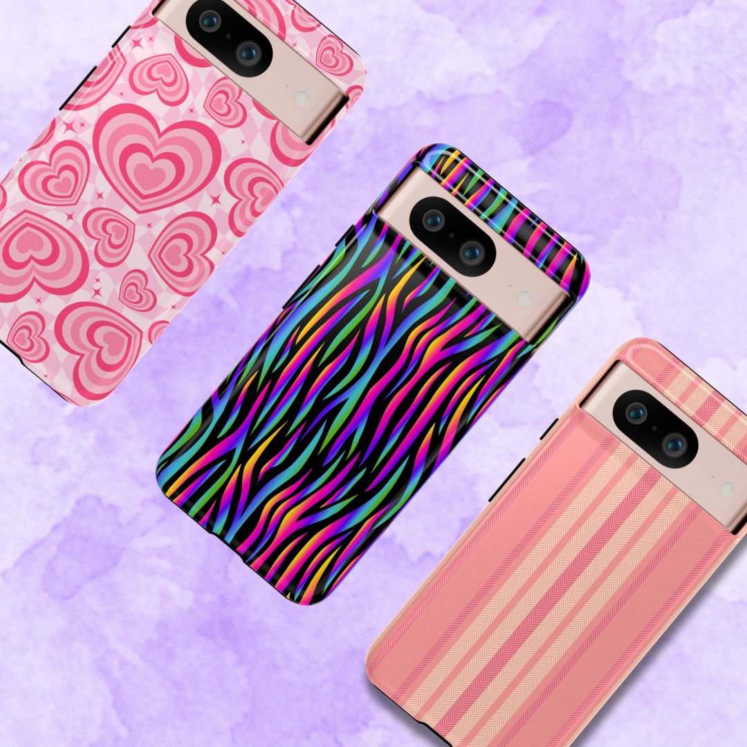 Cute Google Pixel cases with heart, stripe, and colorful pattern designs on a pastel background.