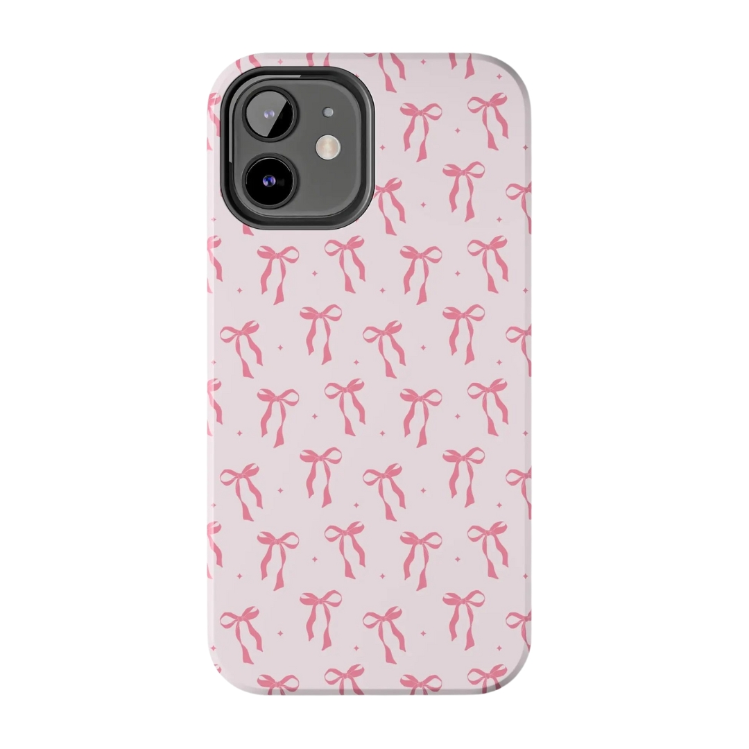 Girly pink bow aesthetic iPhone case with drop protection and hard durable design, fits iPhone 11, 12, 13, 14, 15 models.