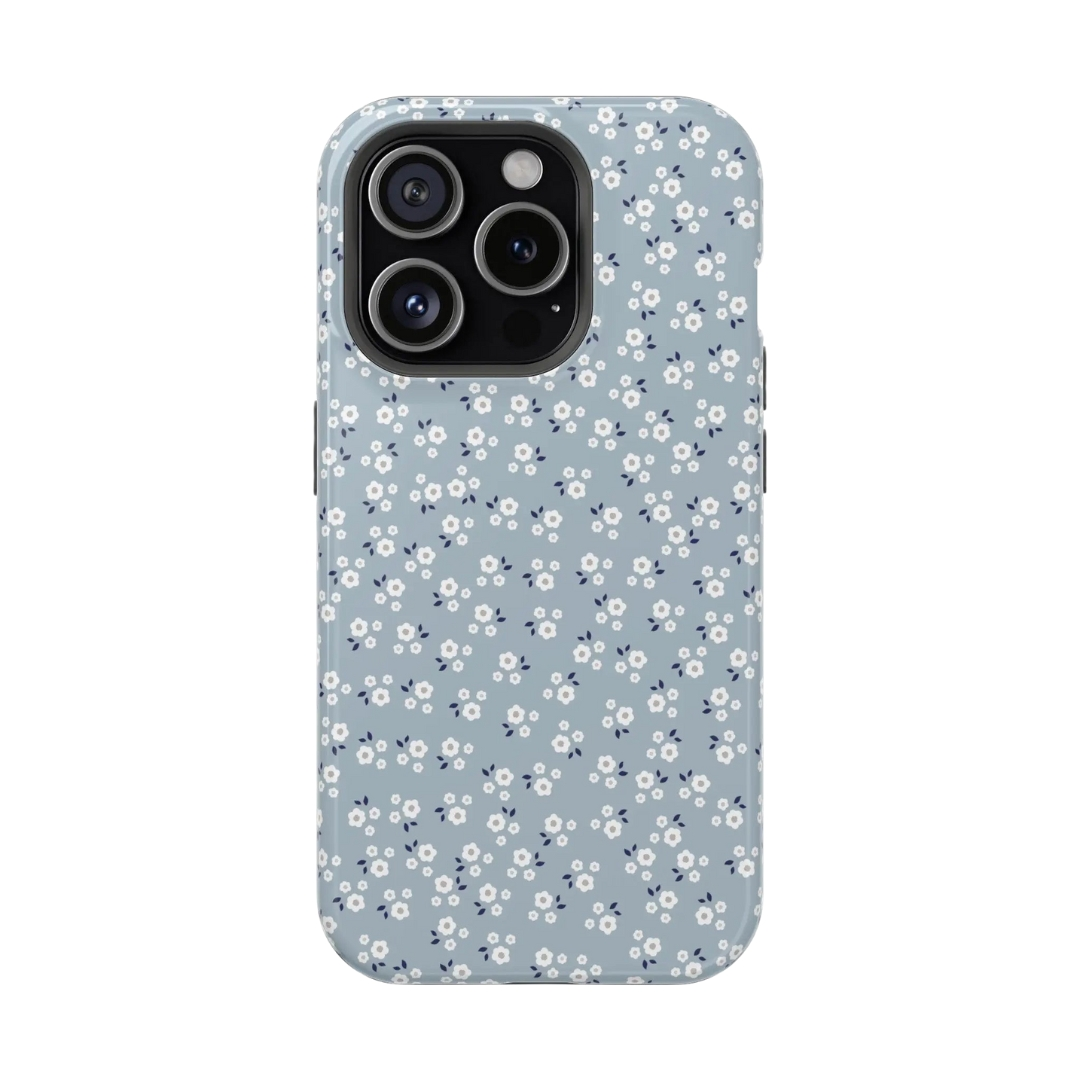 Floral cottagecore aesthetic iPhone case with blue background and white flowers, best for drop protection and girls, compatible with iPhone 13.