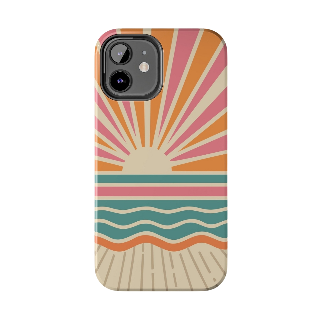 Beachy vibes aesthetic iPhone case with sunset and ocean design, perfect for girls seeking cute, high-quality, and durable iPhone 11 protection.