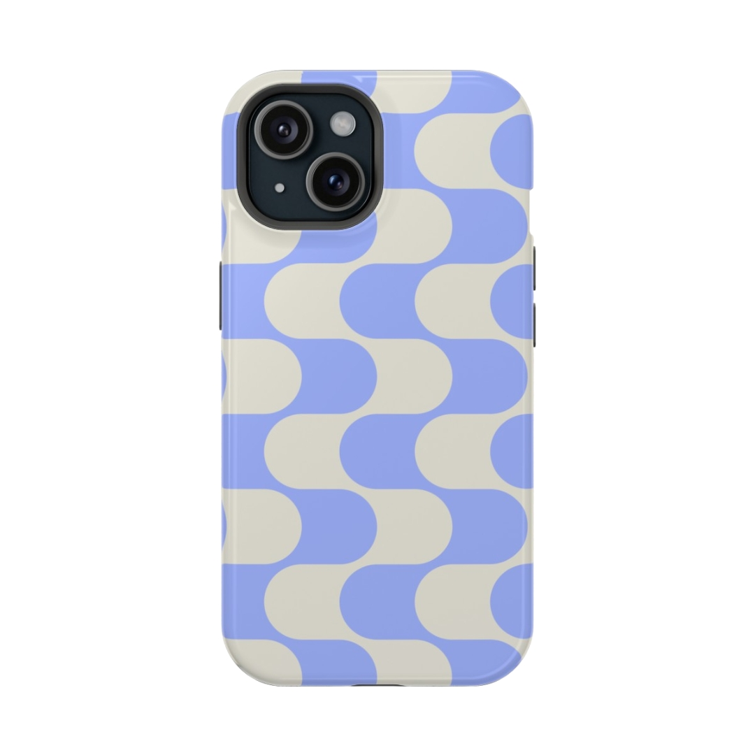 Trendy Abstract Curve Floral iPhone Case with MagSafe, Cute and Protective Phone Case for iPhone in Light Blue and Beige.