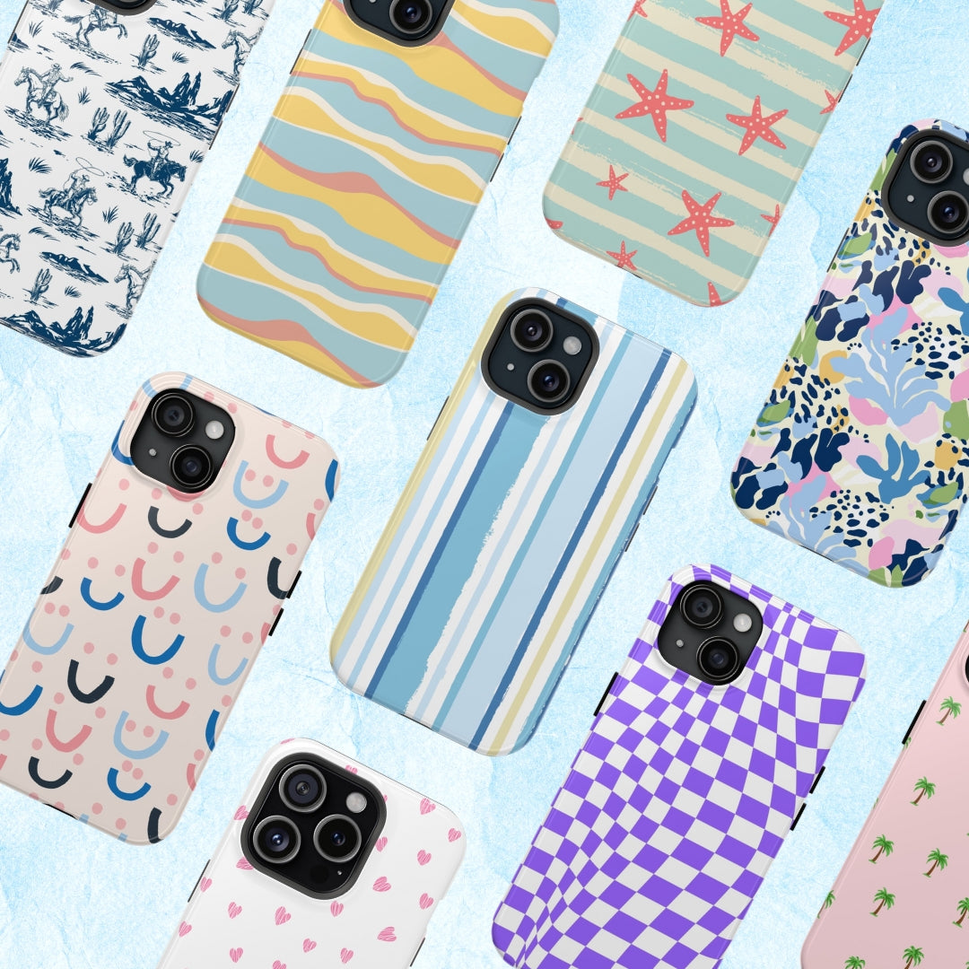 Collection of cute and protective iPhone cases with various patterns including floral, stripes, and stars, compatible with MagSafe.