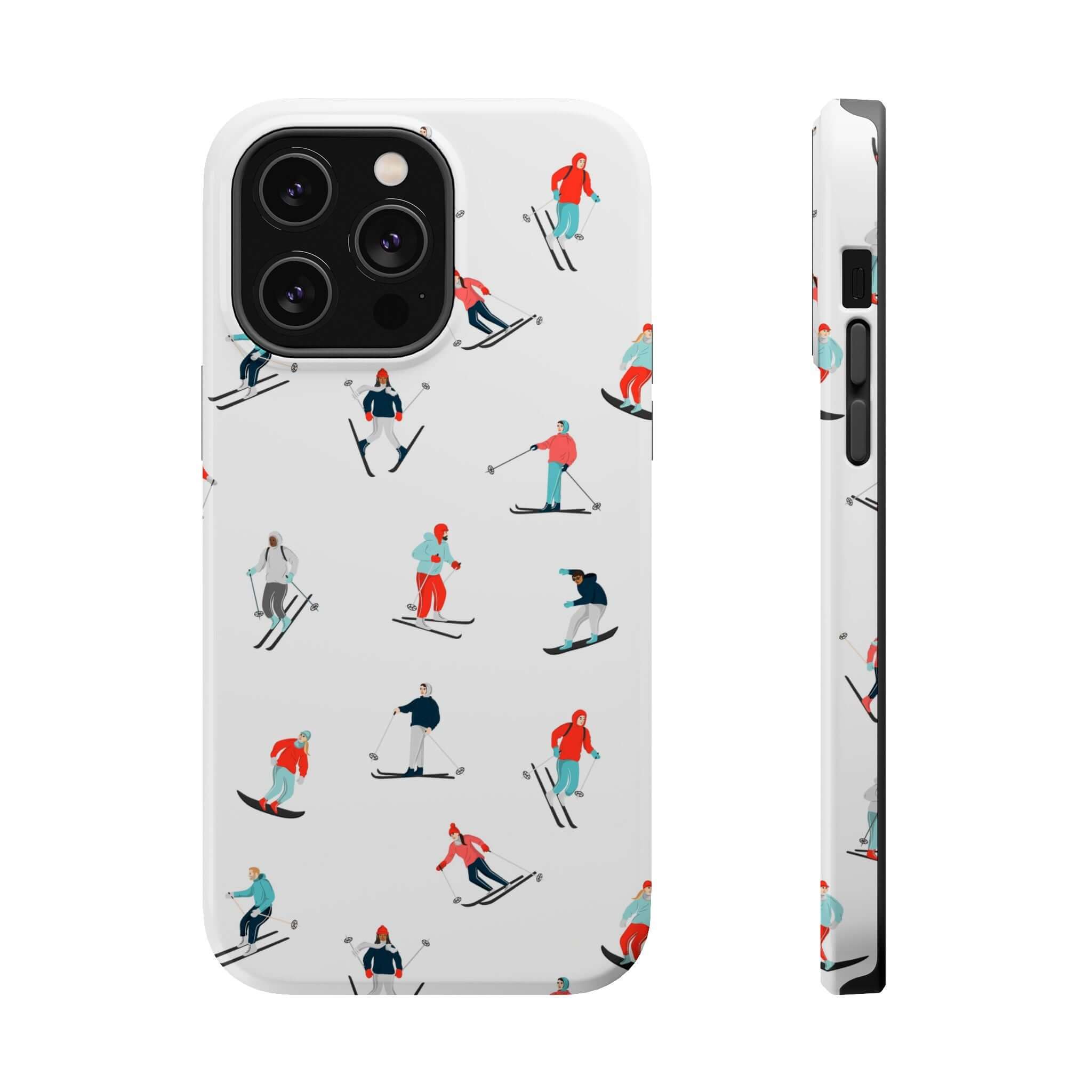 Cute phone cover featuring skiers on the slopes, perfect for winter sports enthusiasts and MagSafe compatible.