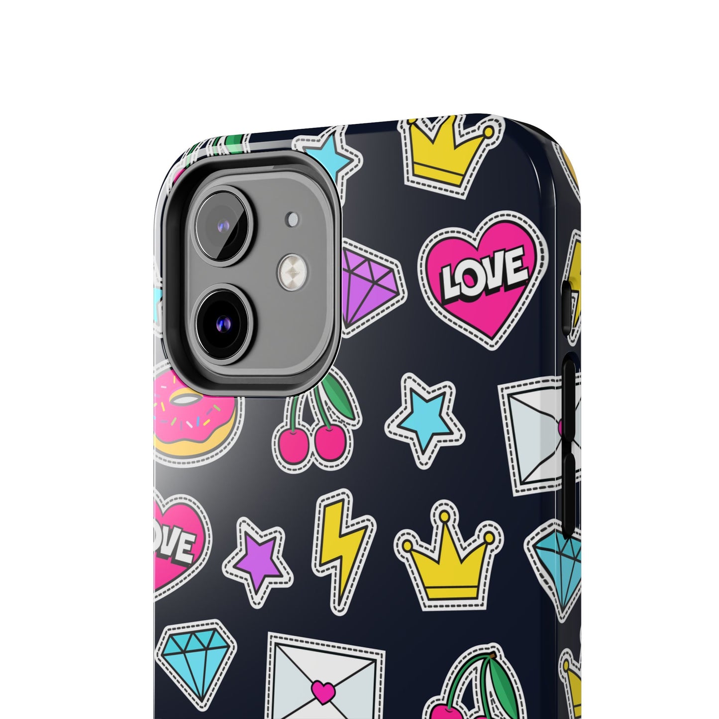 Cute iPhone case with colorful stickers including hearts, stars, crowns, and more on a black background. Fun phone accessory.