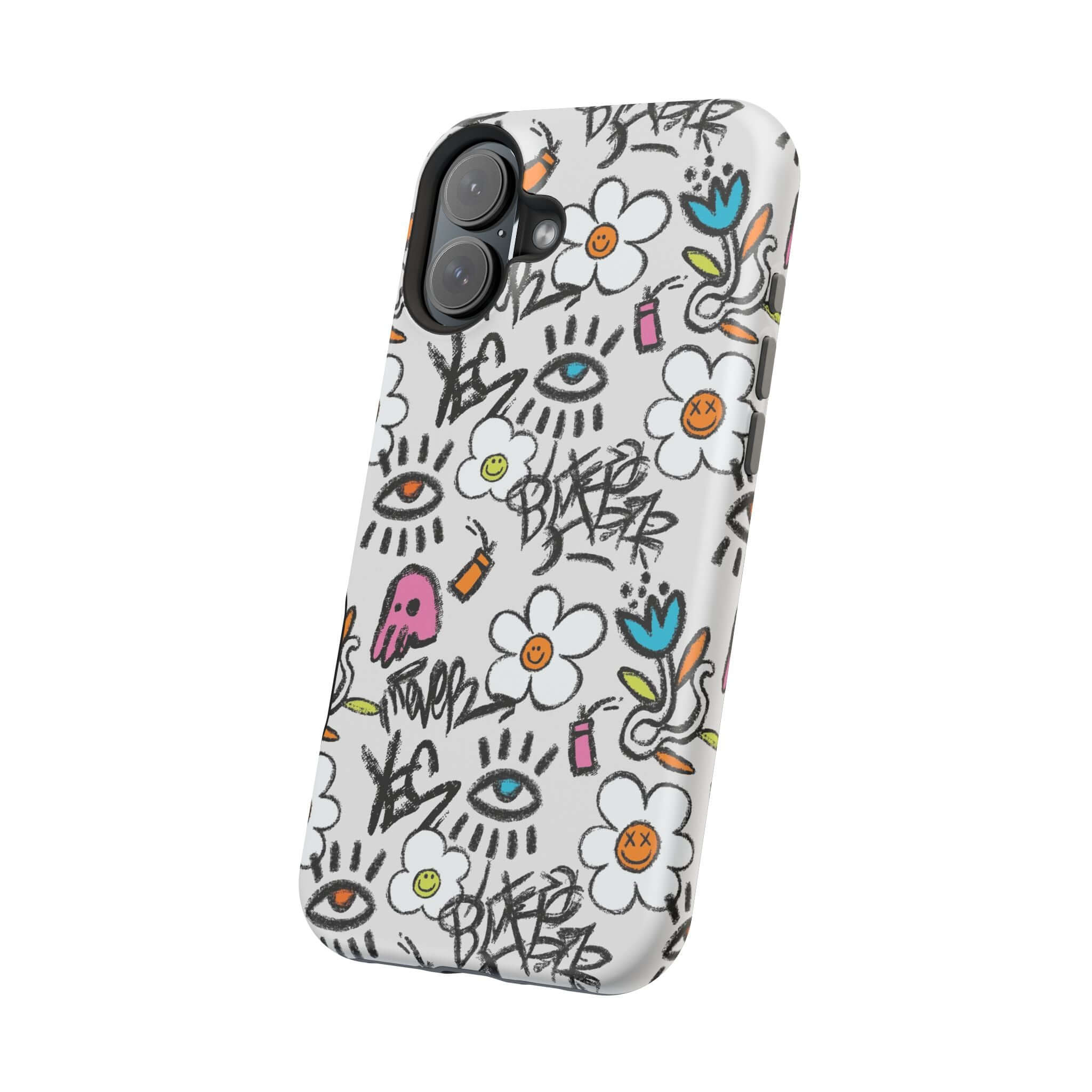 Cute Floral Graffiti Phone Case for iPhone, featuring vibrant colors and playful designs, perfect for style lovers.