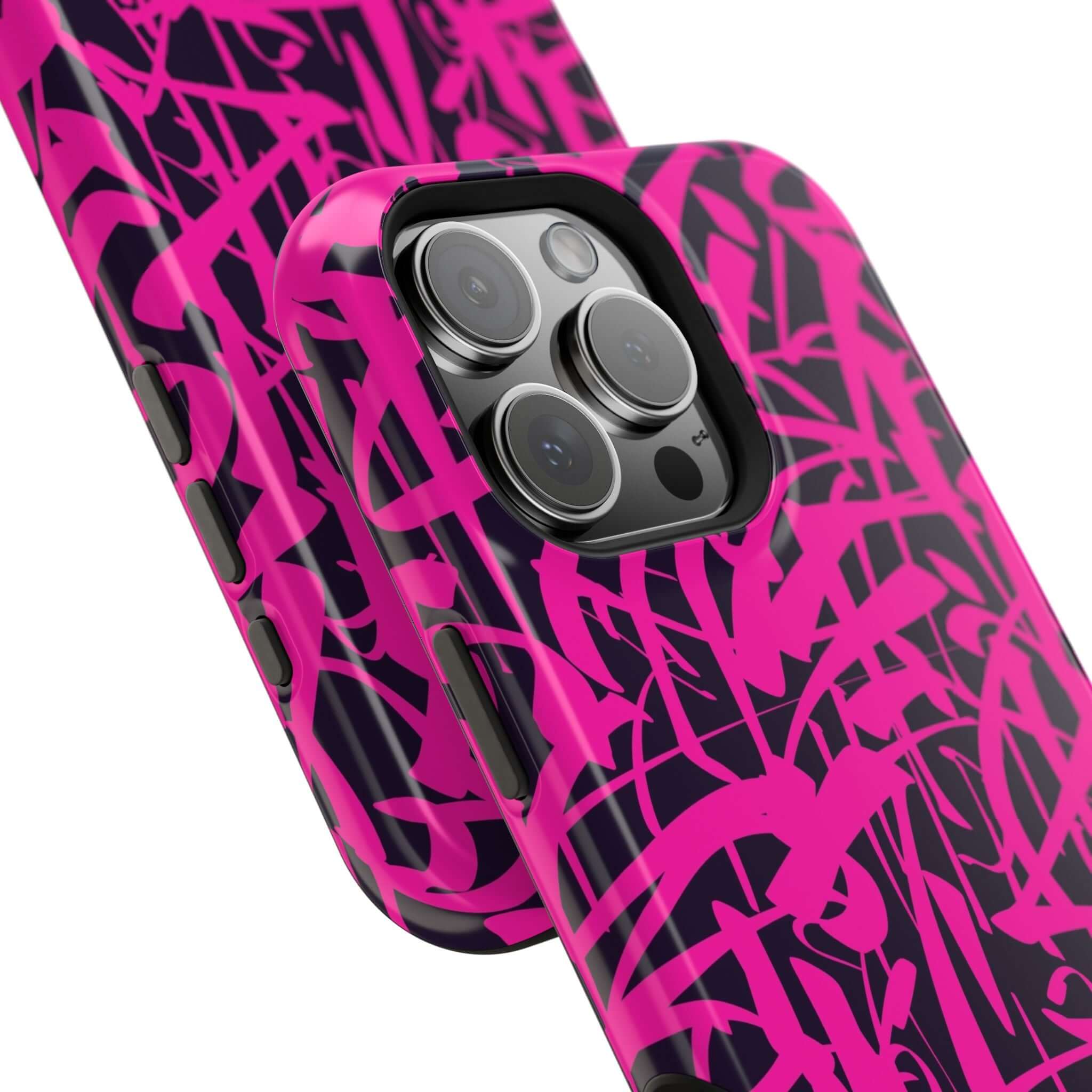 Colorfully cute Midnight Pop pink art phone case for iPhone, featuring unique abstract design and sturdy protection.