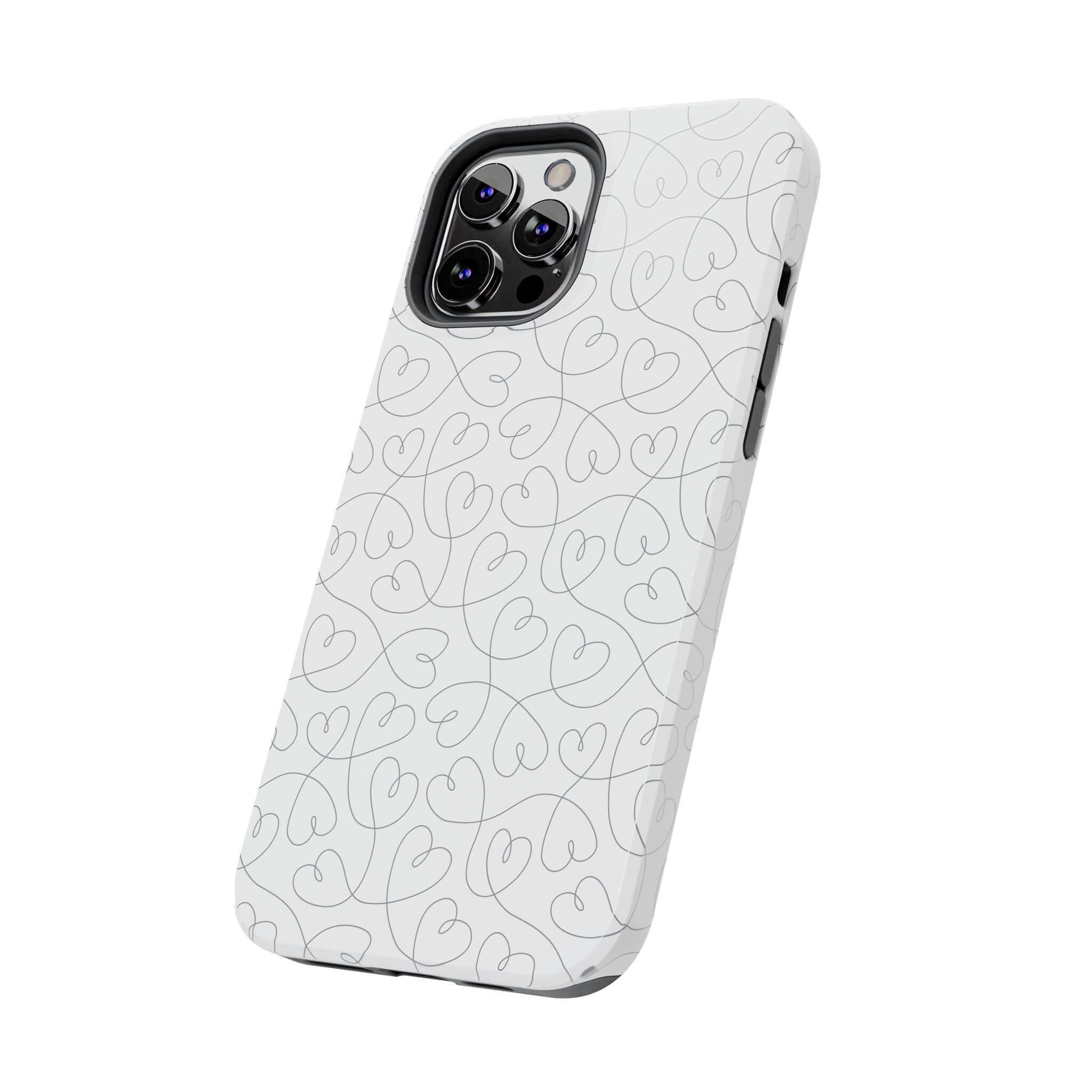 Silver Hearts Romance phone case with abstract hearts design for iPhone 14 Pro Max, ideal for weddings and brides, cute phone case.