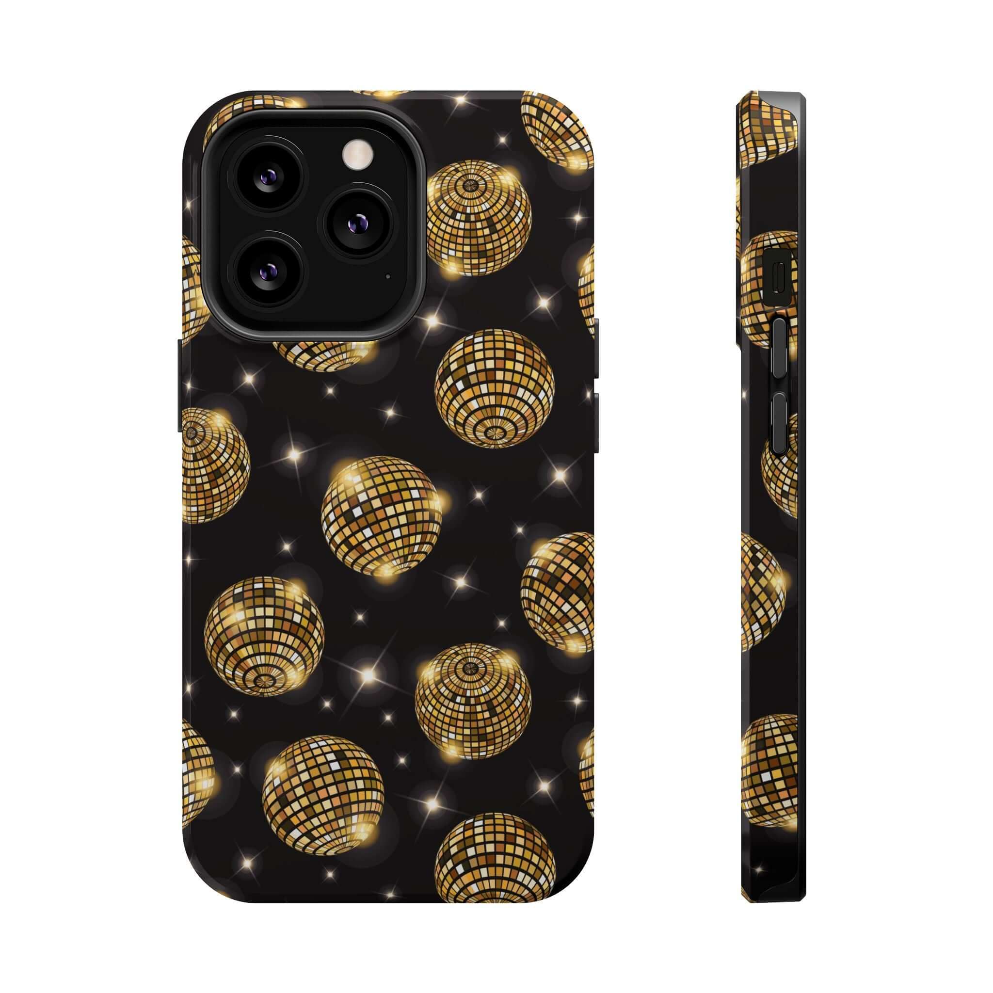 Cute iPhone 14 gold disco ball phone case with shimmering design, perfect for dancing, free shipping included.