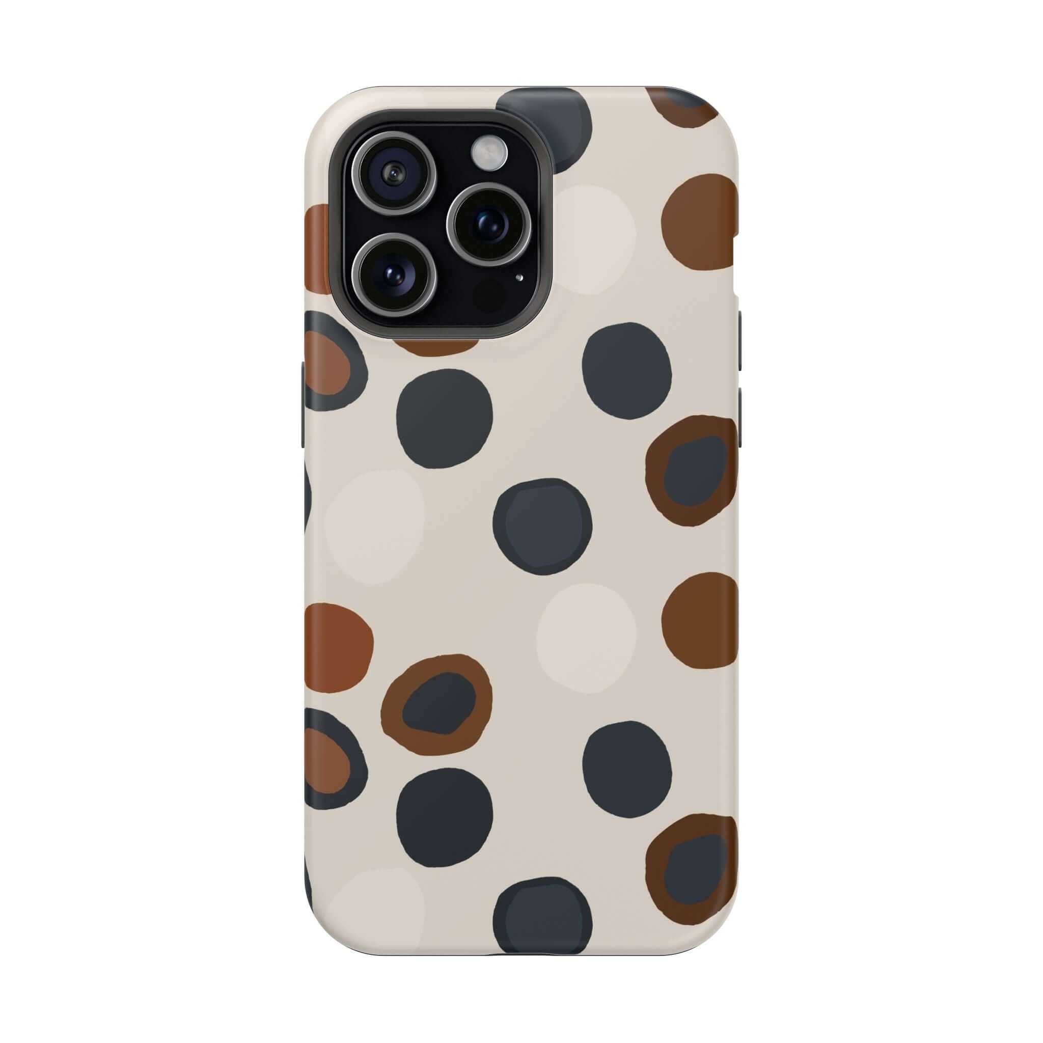 Chic Wanderer Modern Spots Case for iPhone featuring abstract brown and black polka dots, a colorful and cute phone accessory.