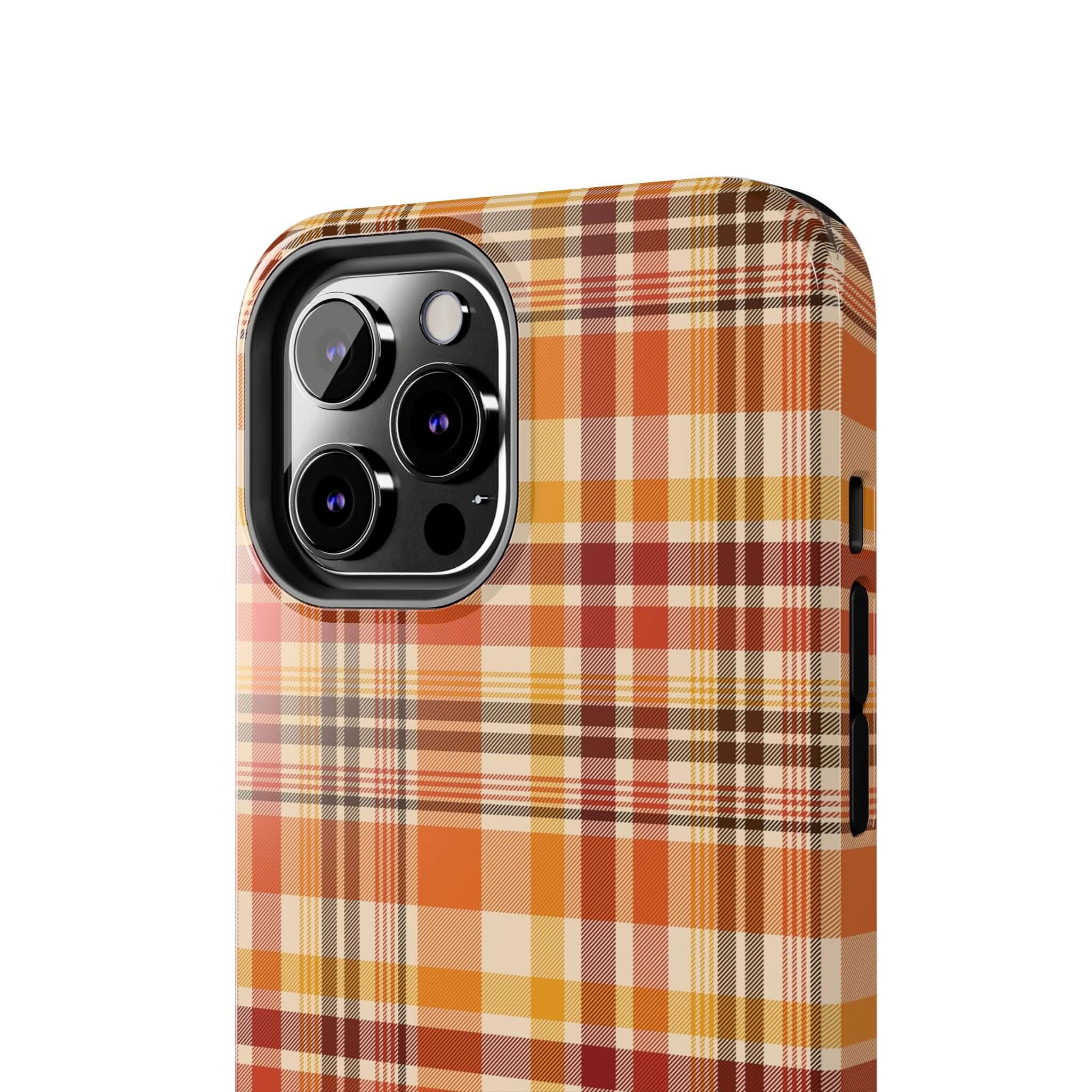 Autumn Air Fall Plaid case on iPhone with orange and brown plaid design, perfect Halloween phone case, cute iPhone case for autumn season