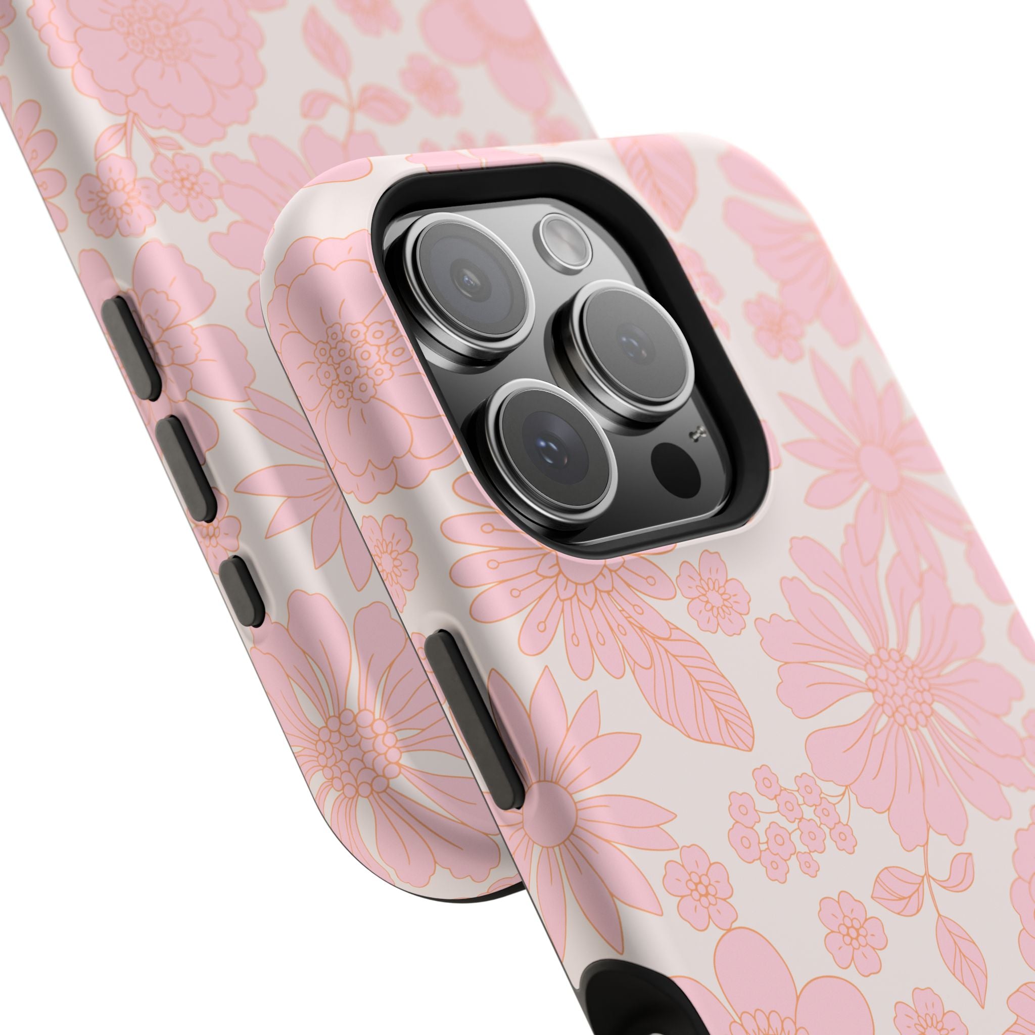 Pink floral iPhone 16 MagSafe case with charming petals design, perfect cute phone cover for cottagecore aesthetic.