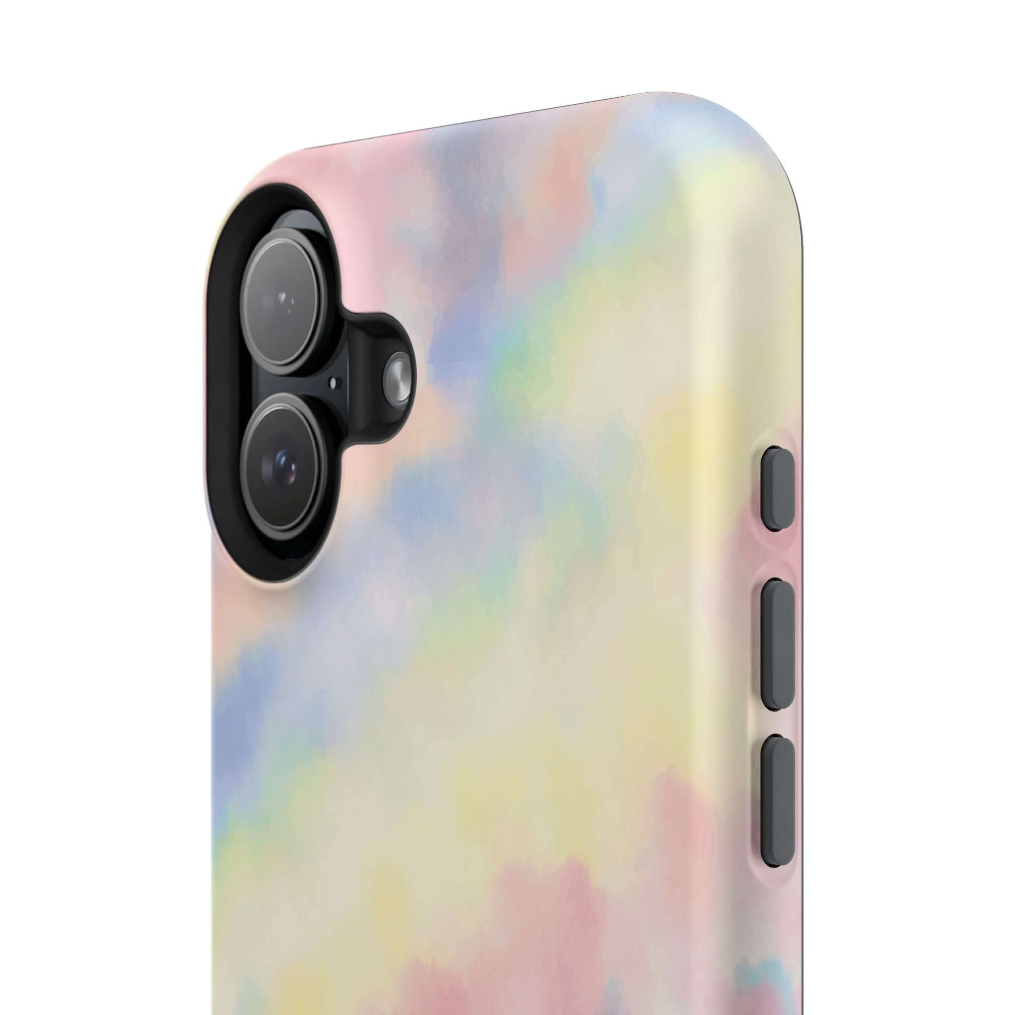 Cute iPhone case with pastel tie dye design, featuring MagSafe compatibility for stylish and functional phone protection.