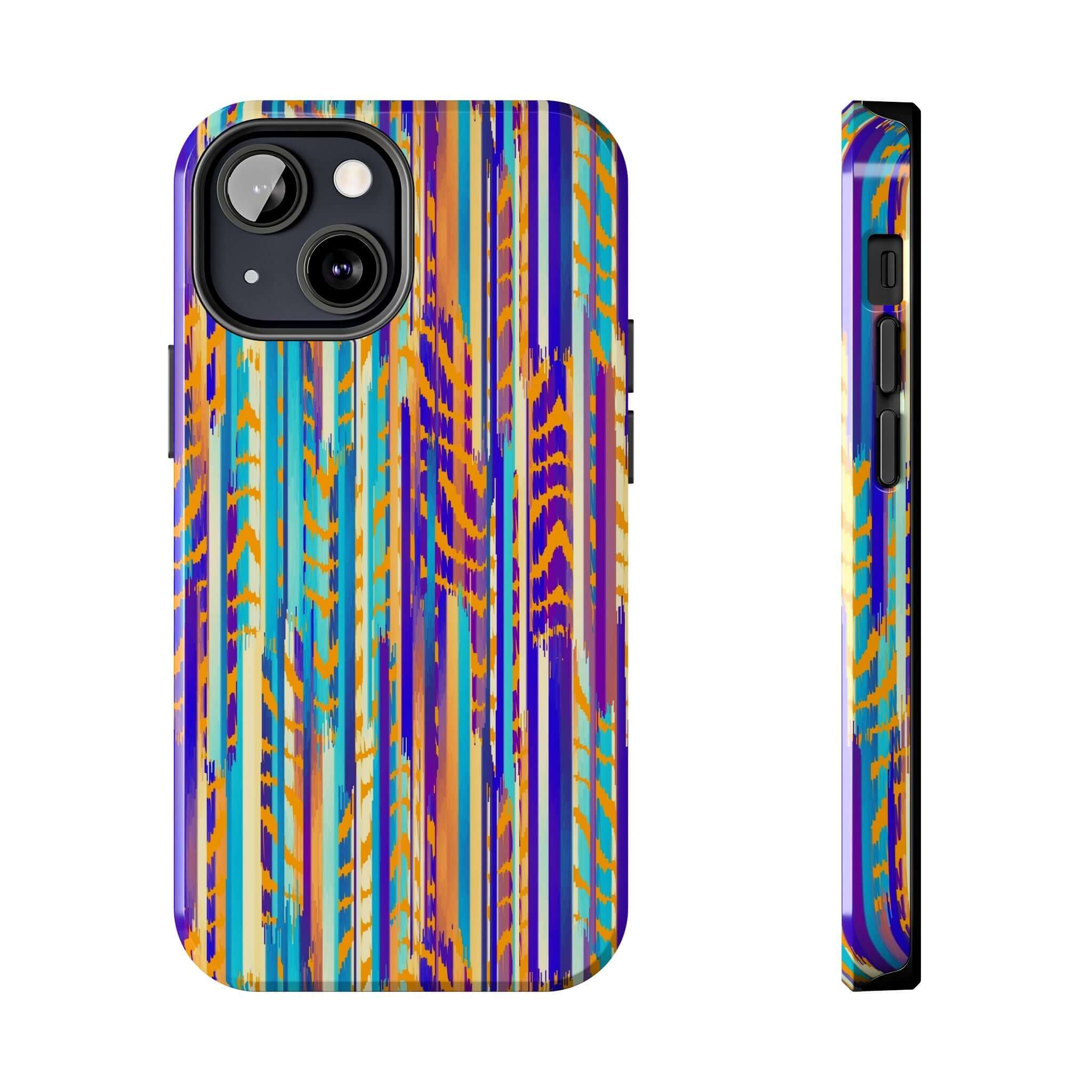 Colorful abstract tie dye iPhone case with vibrant stripes, showcasing a unique and cute phone accessory that stands out.