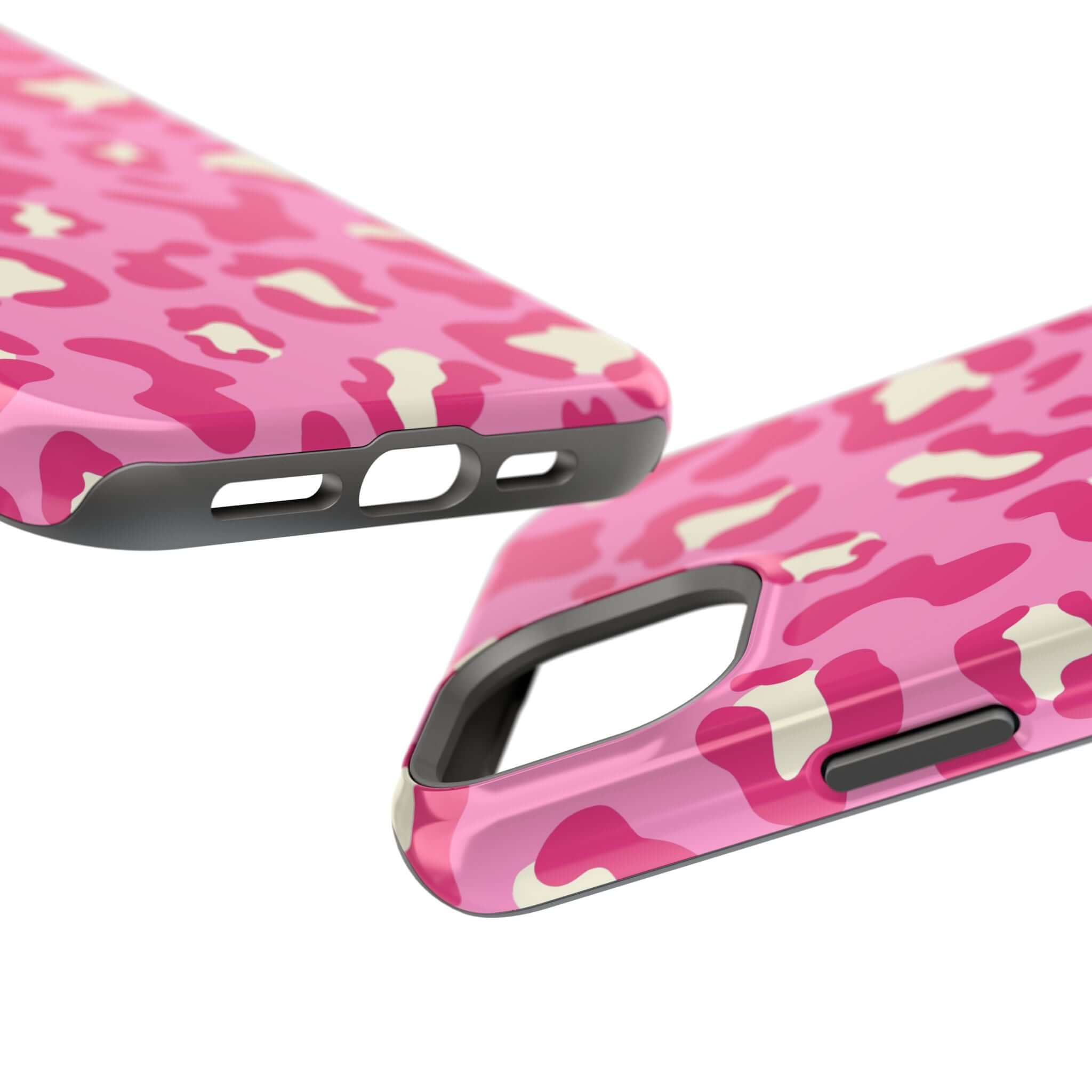 Preppy Cheetah pink iPhone 14 Pro Max MagSafe case with vibrant pattern, showcasing stylish phone protection.