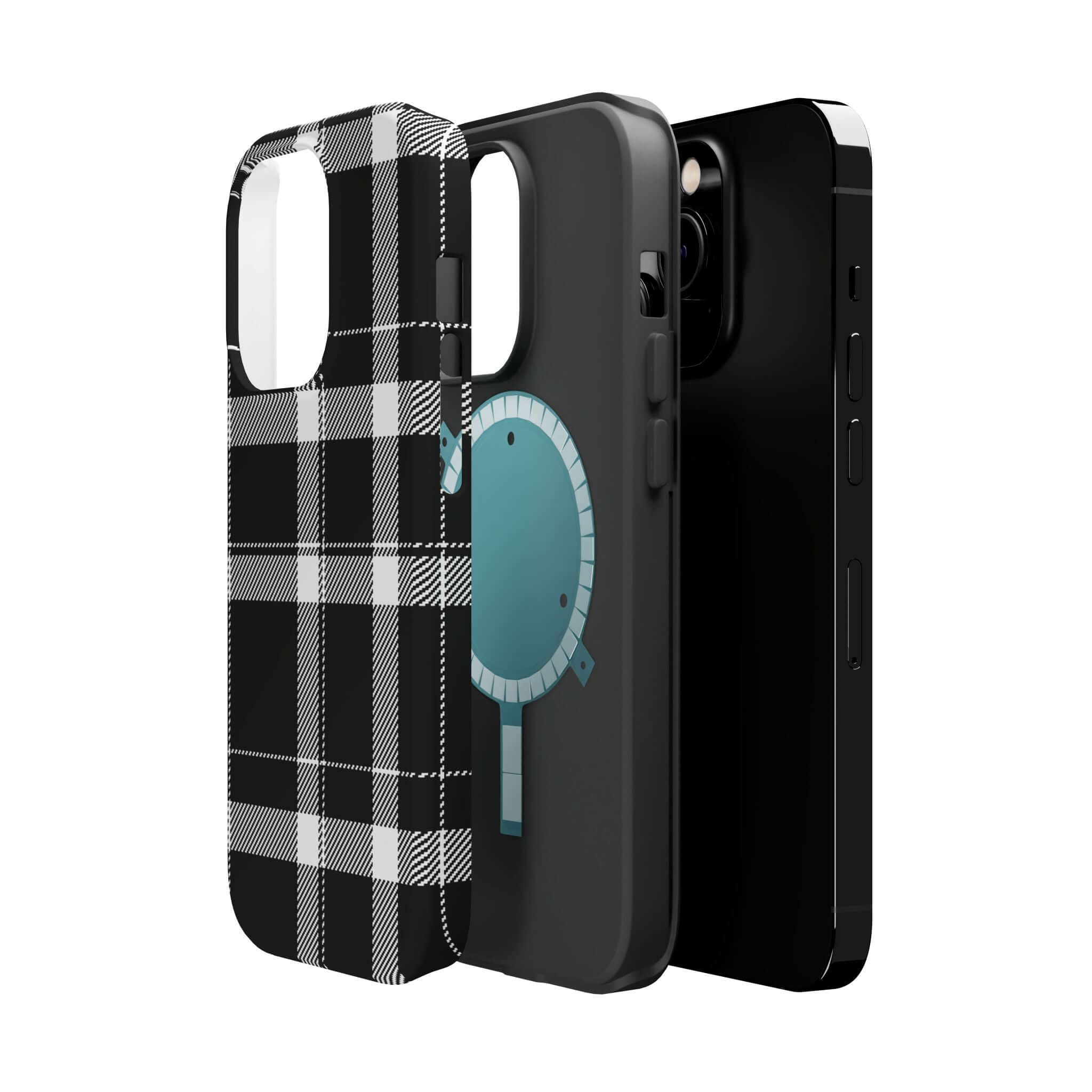 Stylish black plaid phone case for iPhone, showcasing cute design and protection for fashion-forward individuals.