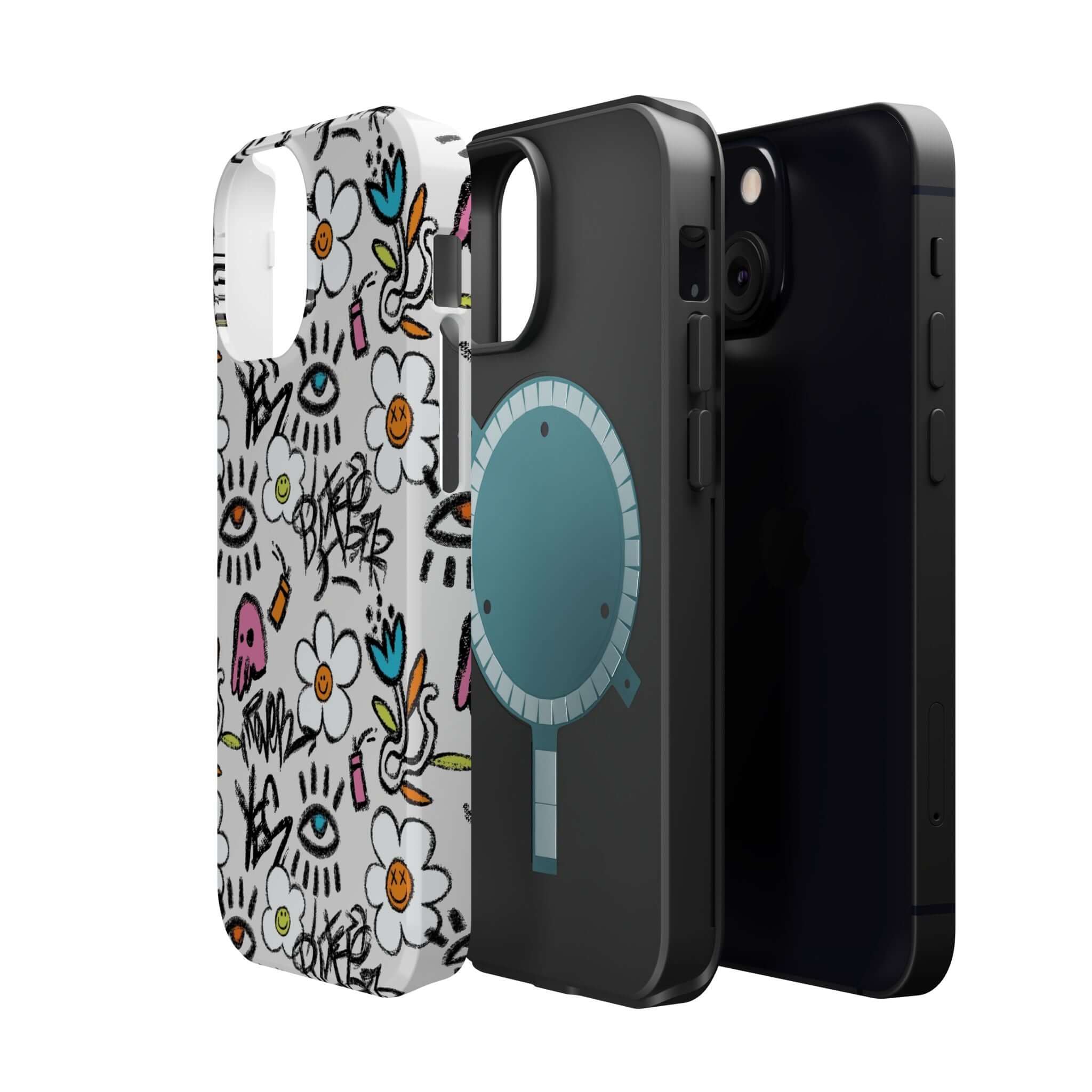 Colorful Happy Chaos Floral Graffiti Case and sleek black iPhone case showcasing cute phone covers.