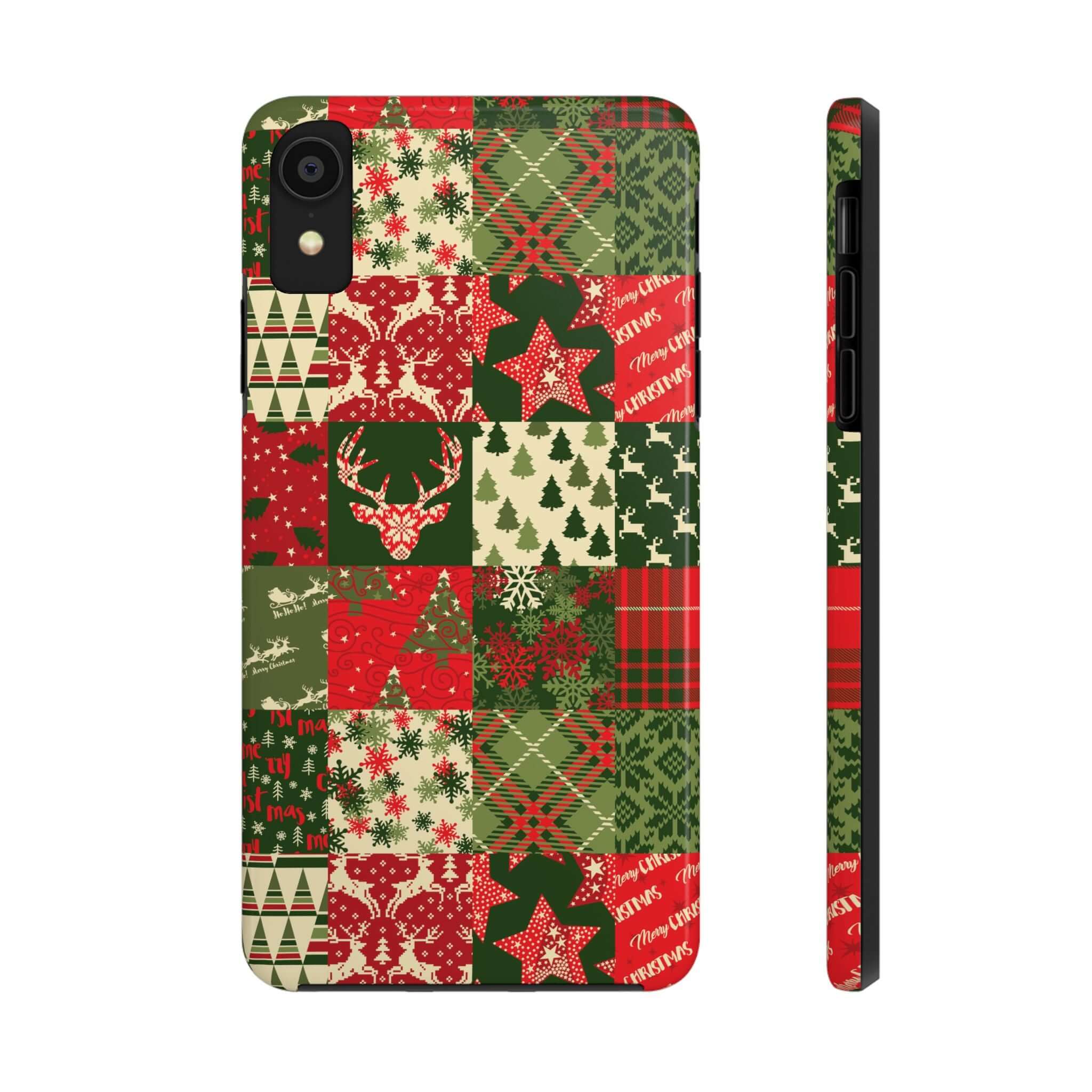 Cute iPhone case with festive green, red quilt design featuring Christmas trees, snowflakes, and reindeer for holiday style.