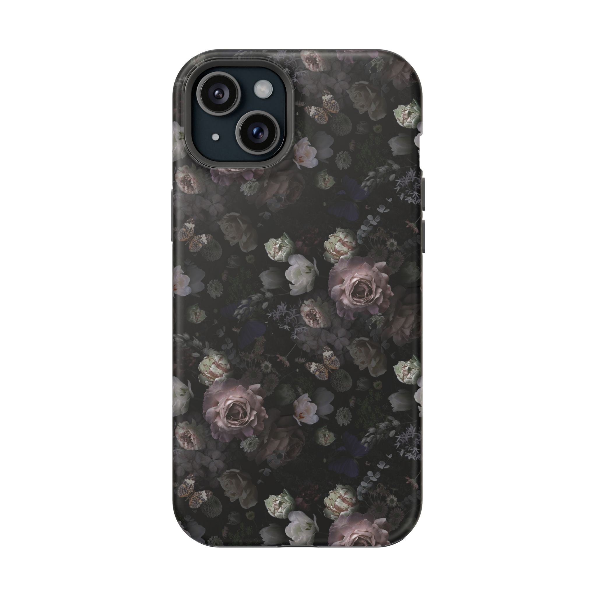 Midnight Curse MagSafe iPhone Case with black floral design; cute phone cover for stylish protection.