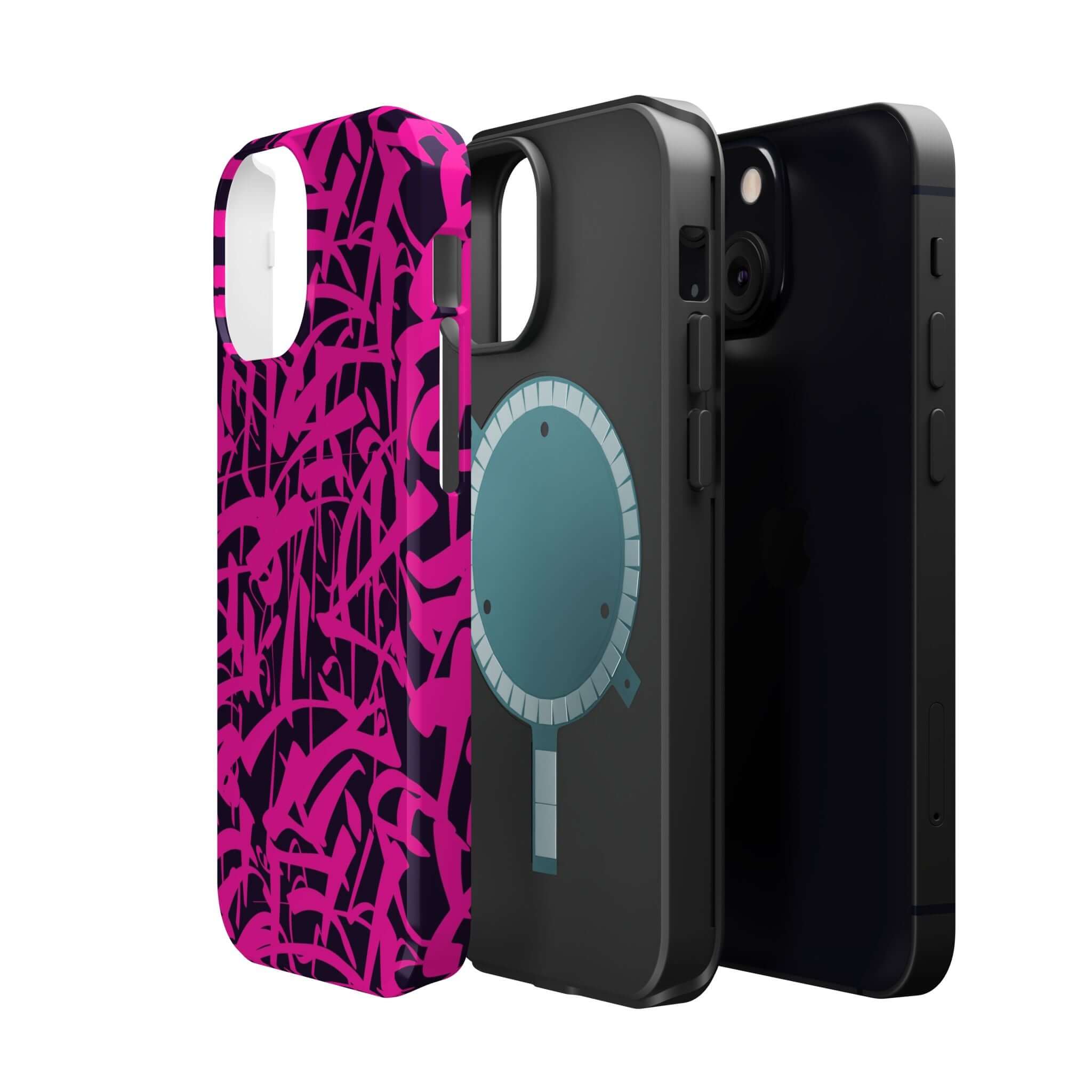 Colorful Midnight Pop pink art phone case and sleek black phone case for iPhone, showcasing unique designs and protection.