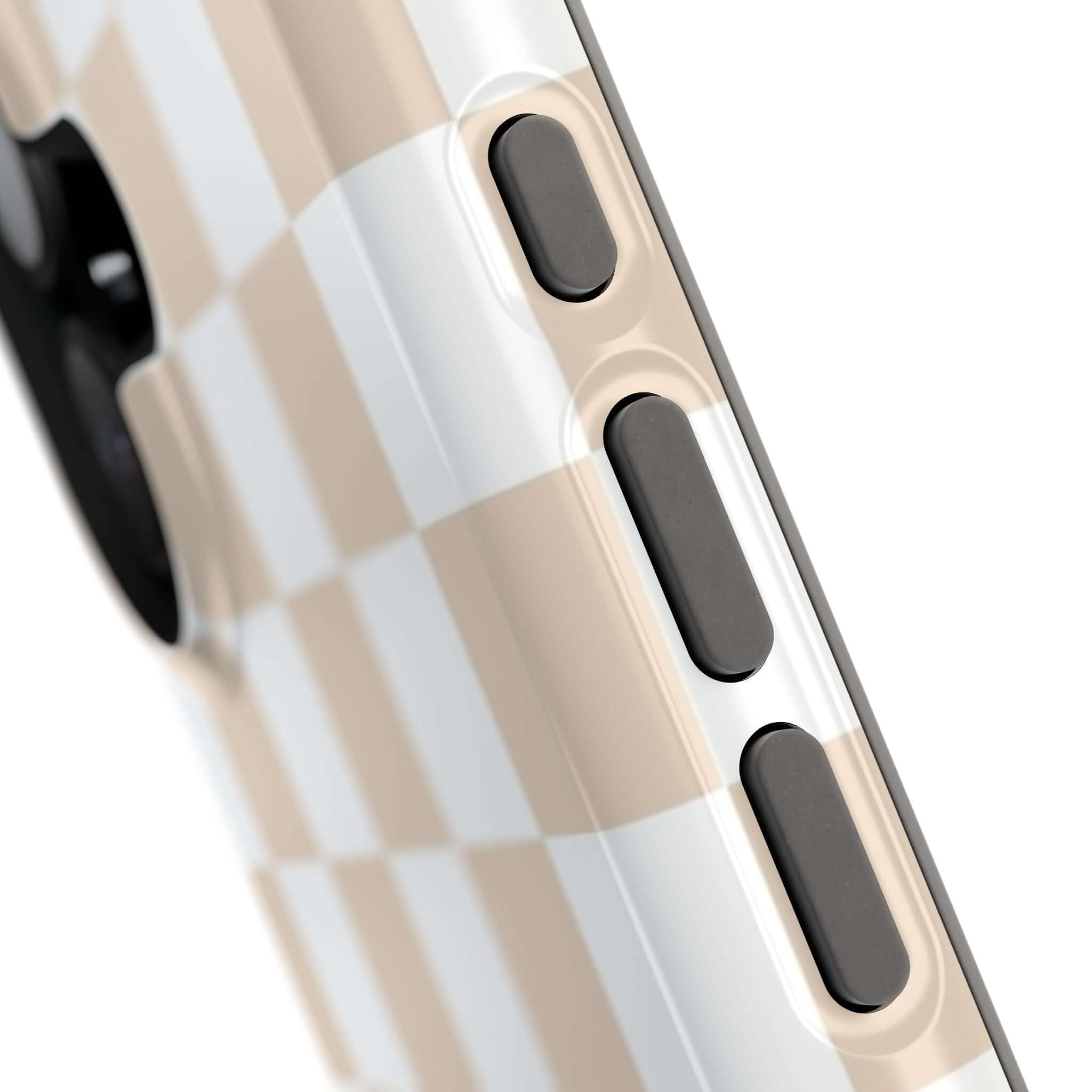 Close-up of Cream Checkered MagSafe iPhone Case with beige checkered print, showcasing buttons and stylish protective design.