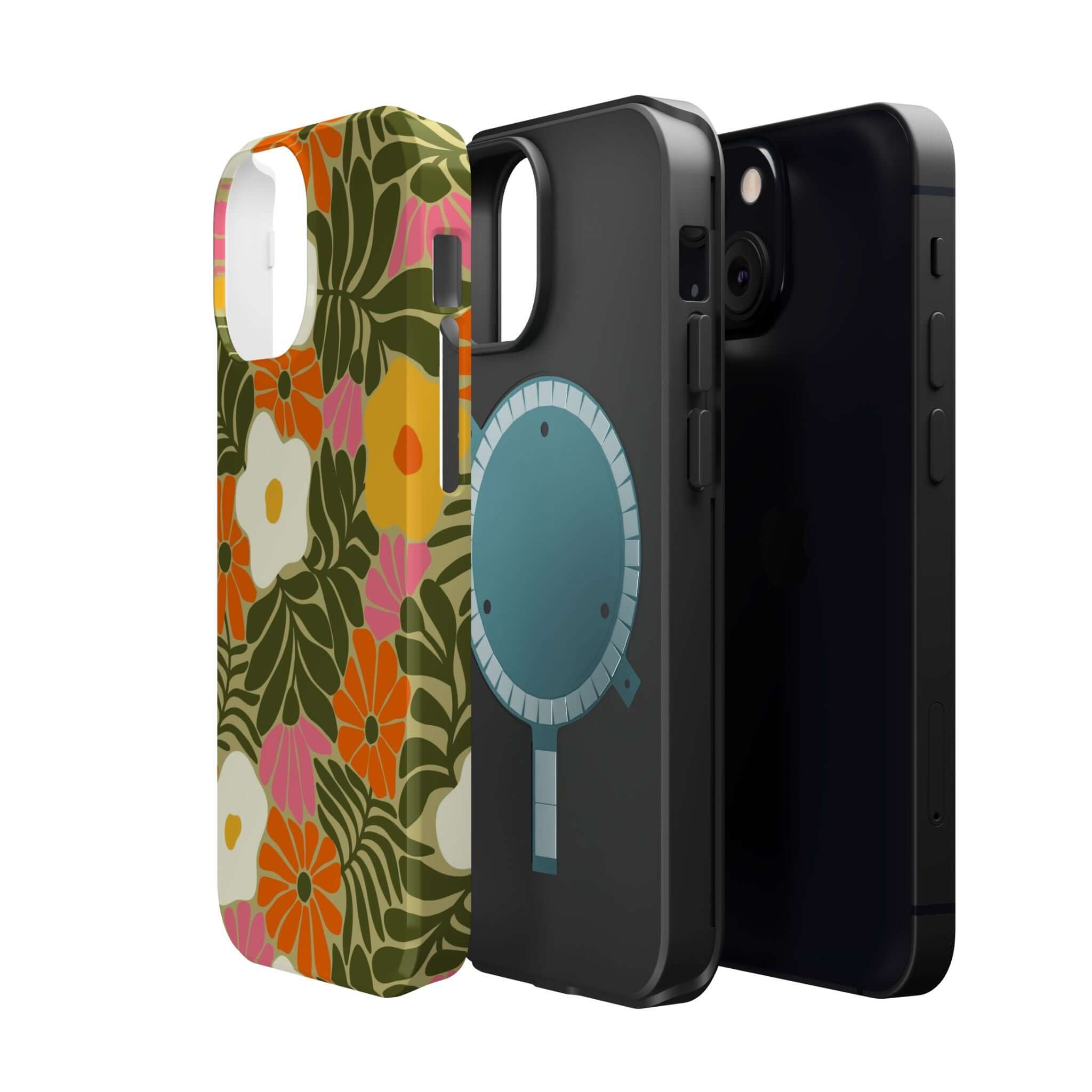 Retro floral phone case and sleek black Apple iPhone case showcasing tropical beach vibes and stylish protection.