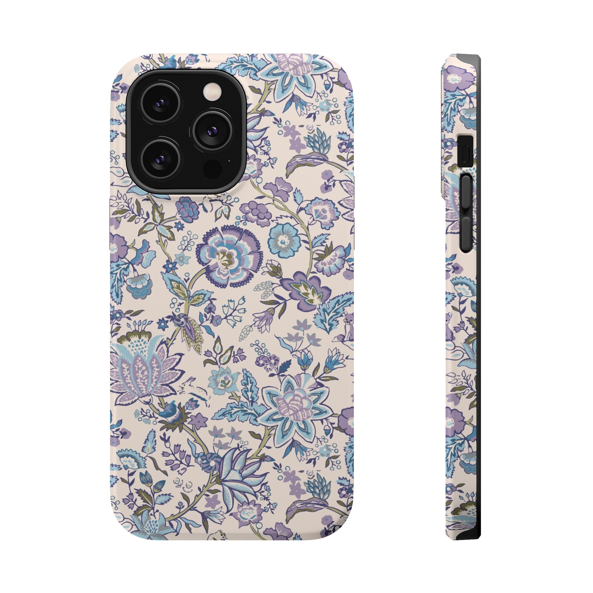 Blue CottageCore floral MagSafe iPhone case, cute phone cover with whimsical garden design for a touch of nature-inspired style.