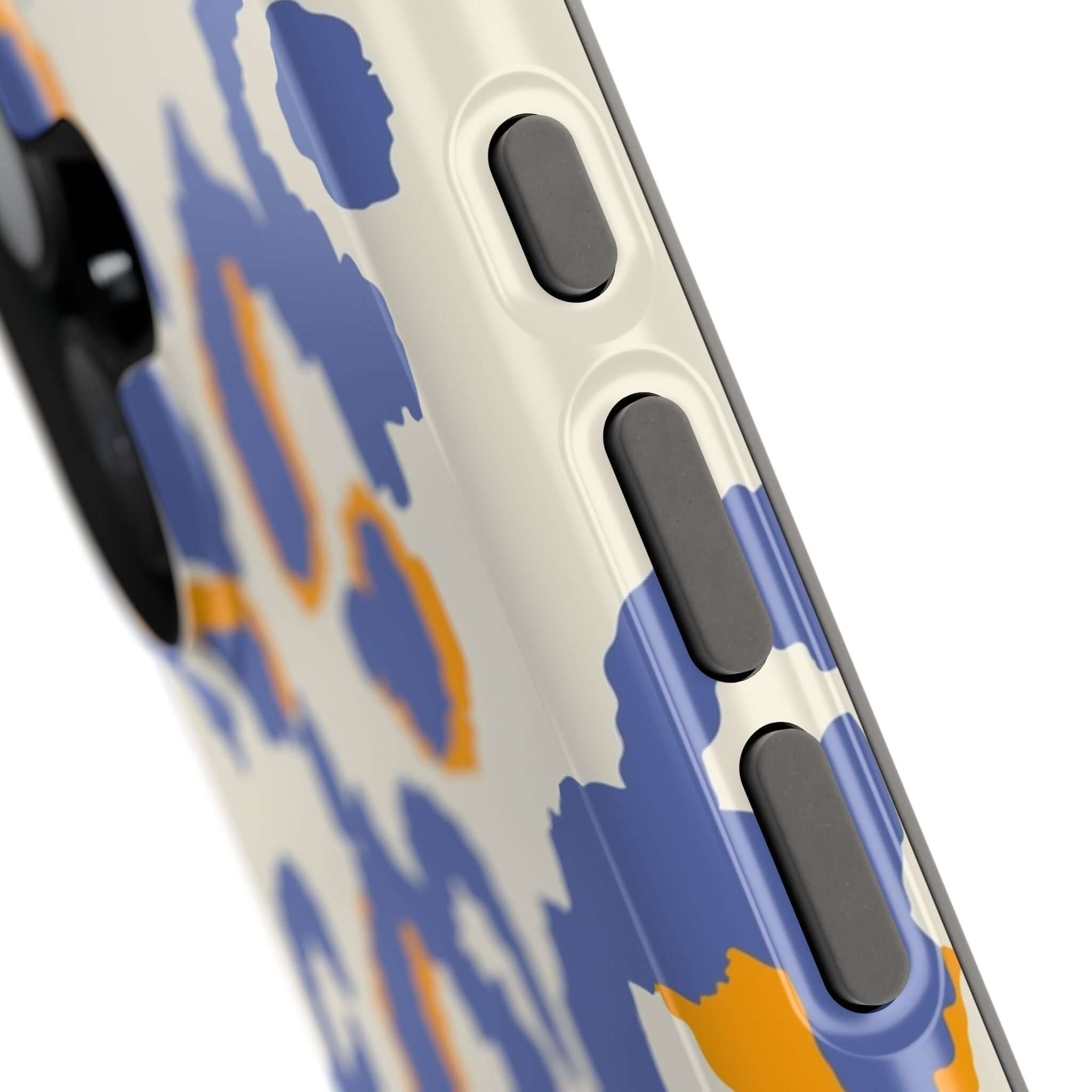 Blue leopard print MagSafe iPhone case with abstract design, featuring colorful buttons and stylish protection.