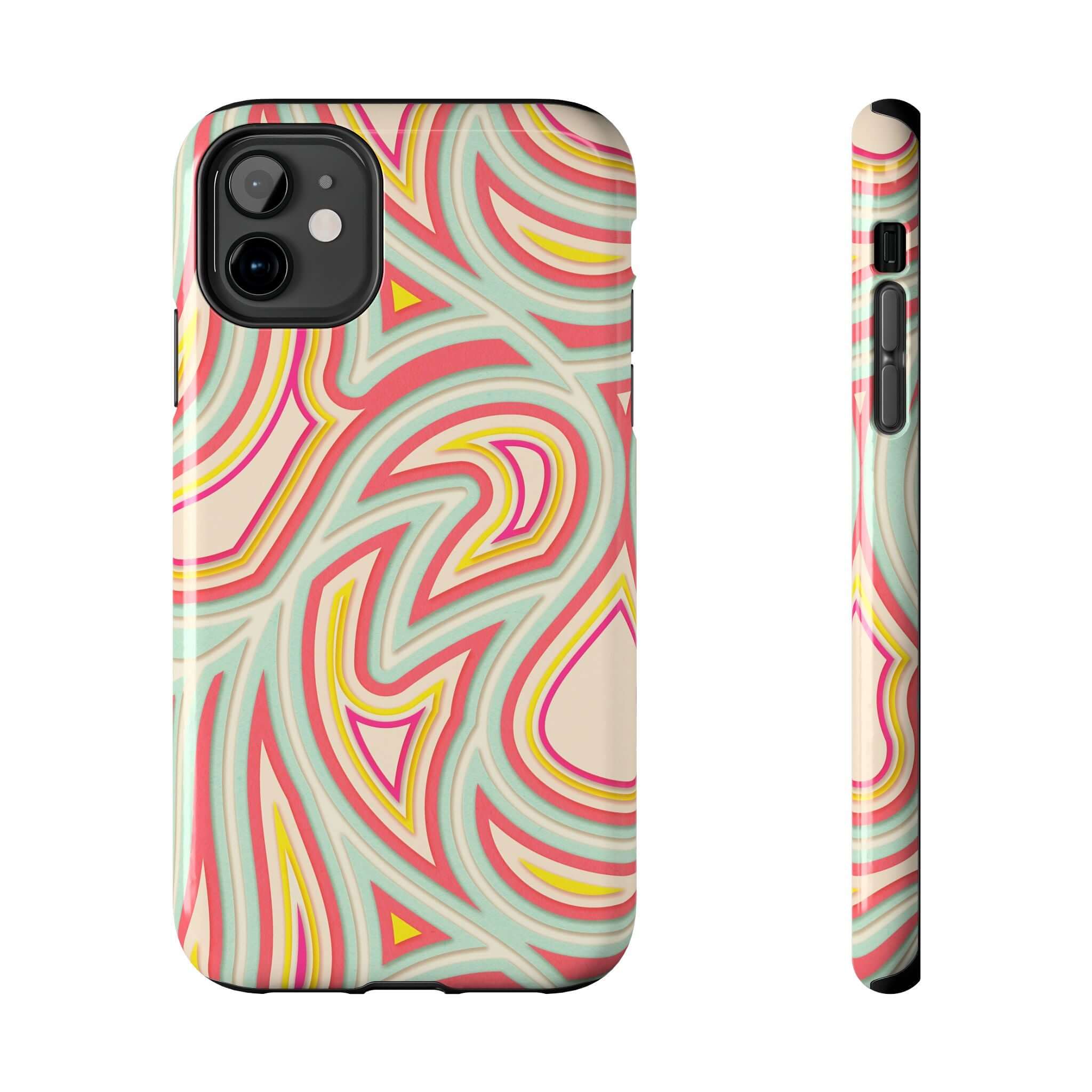 Retro abstract phone case with colorful groovy waves, perfect for iPhones and Samsung phones, featuring a cute design with vibrant swirls.