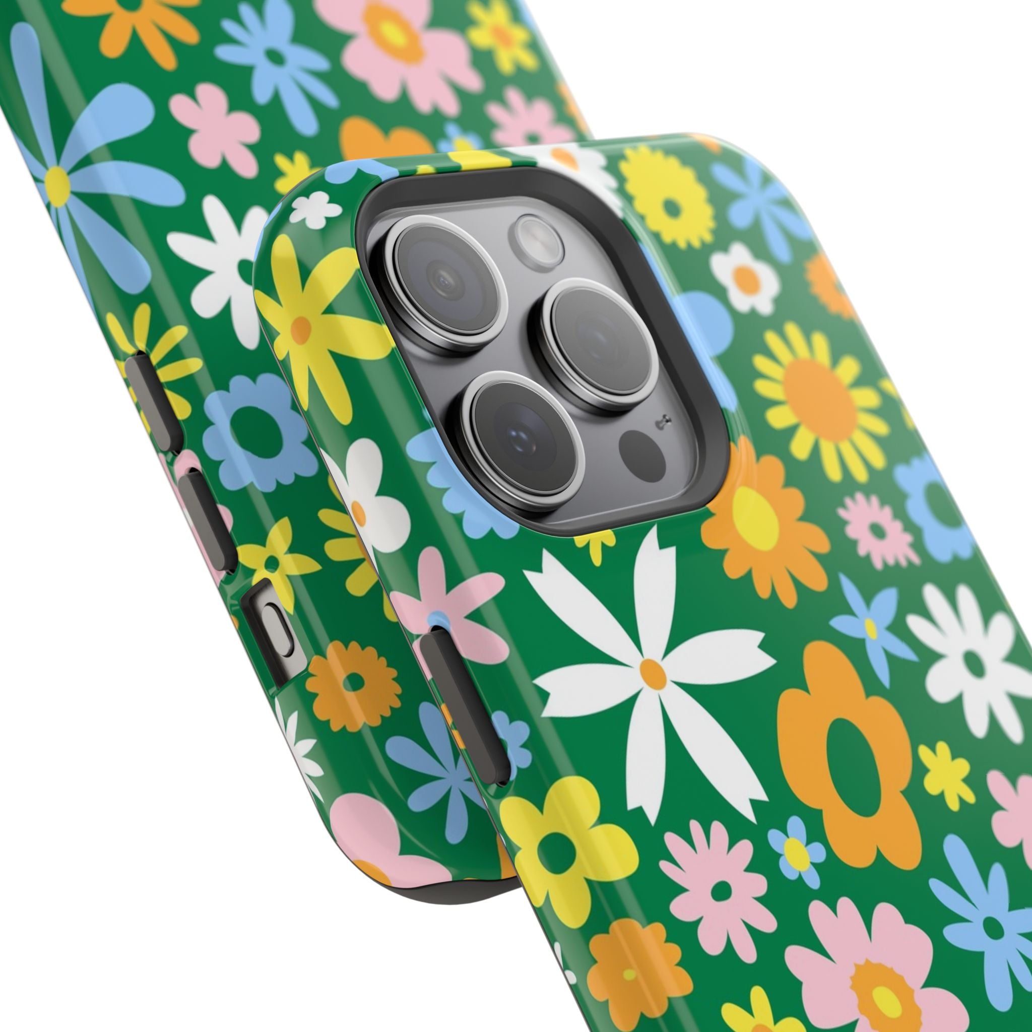 Vibrant floral MagSafe iPhone case with green and colorful hippie design, perfect cute phone cover to protect and style your phone.