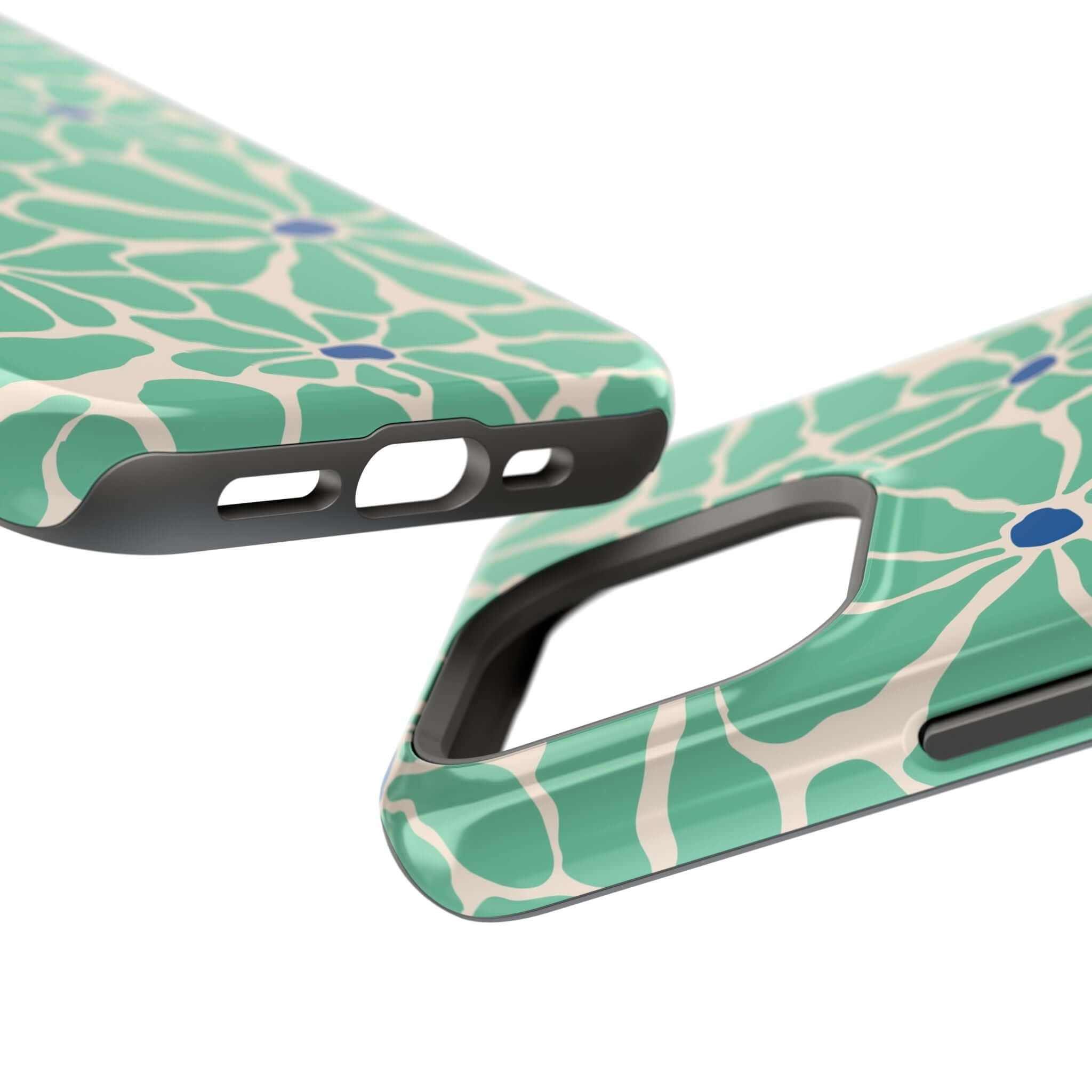 Tropical Splash Retro Floral Case showcasing green floral pattern and MagSafe compatibility for Apple iPhone.