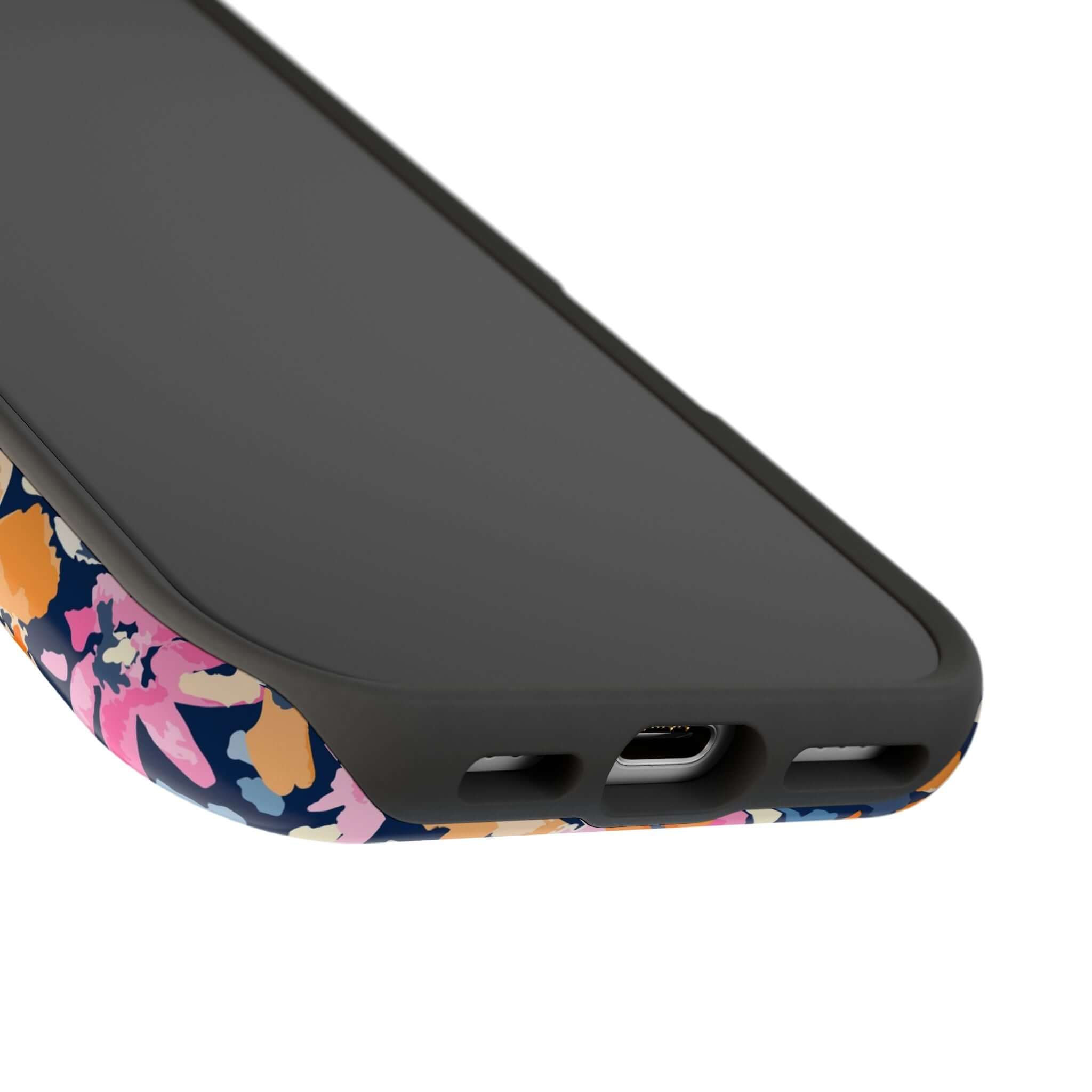 Close-up of Botanic Burst Cute MagSafe iPhone 16 Case with colorful floral design showing protective features