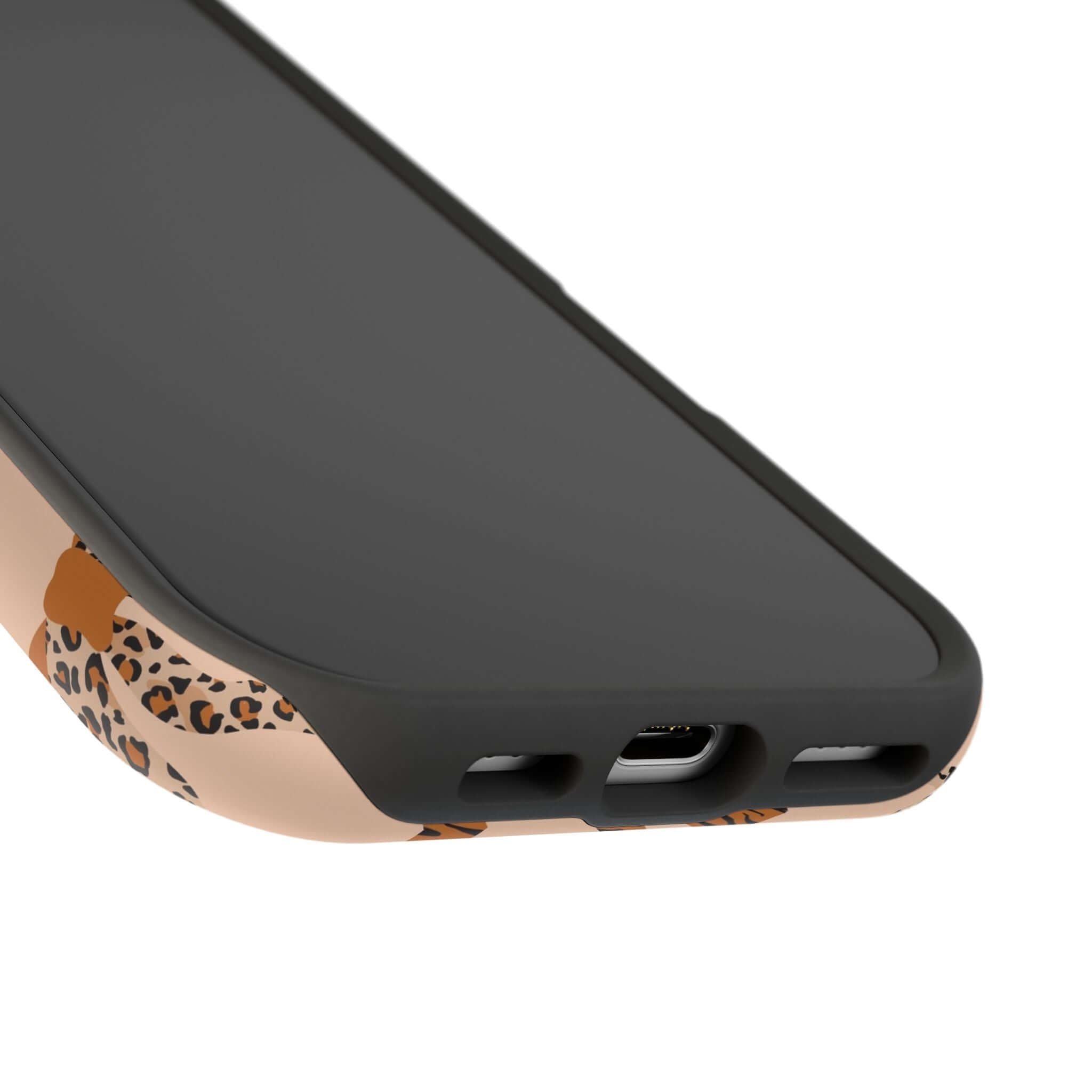 Leopard patterned MagSafe iPhone case with cute coquette bows, showcasing colorful and abstract design elements.