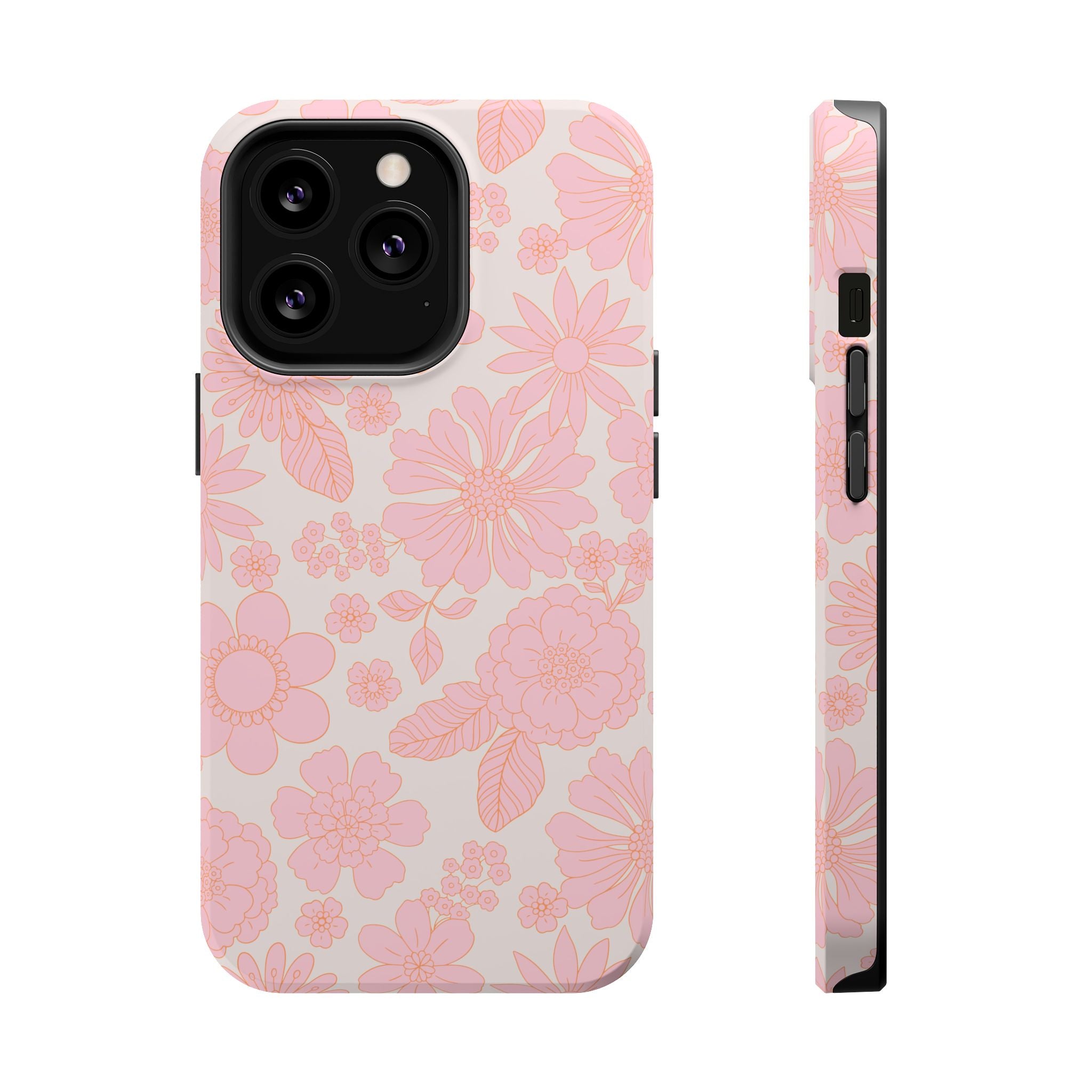 Pink floral MagSafe iPhone 16 case with charming petals design, perfect cute phone cover for cottagecore aesthetics.