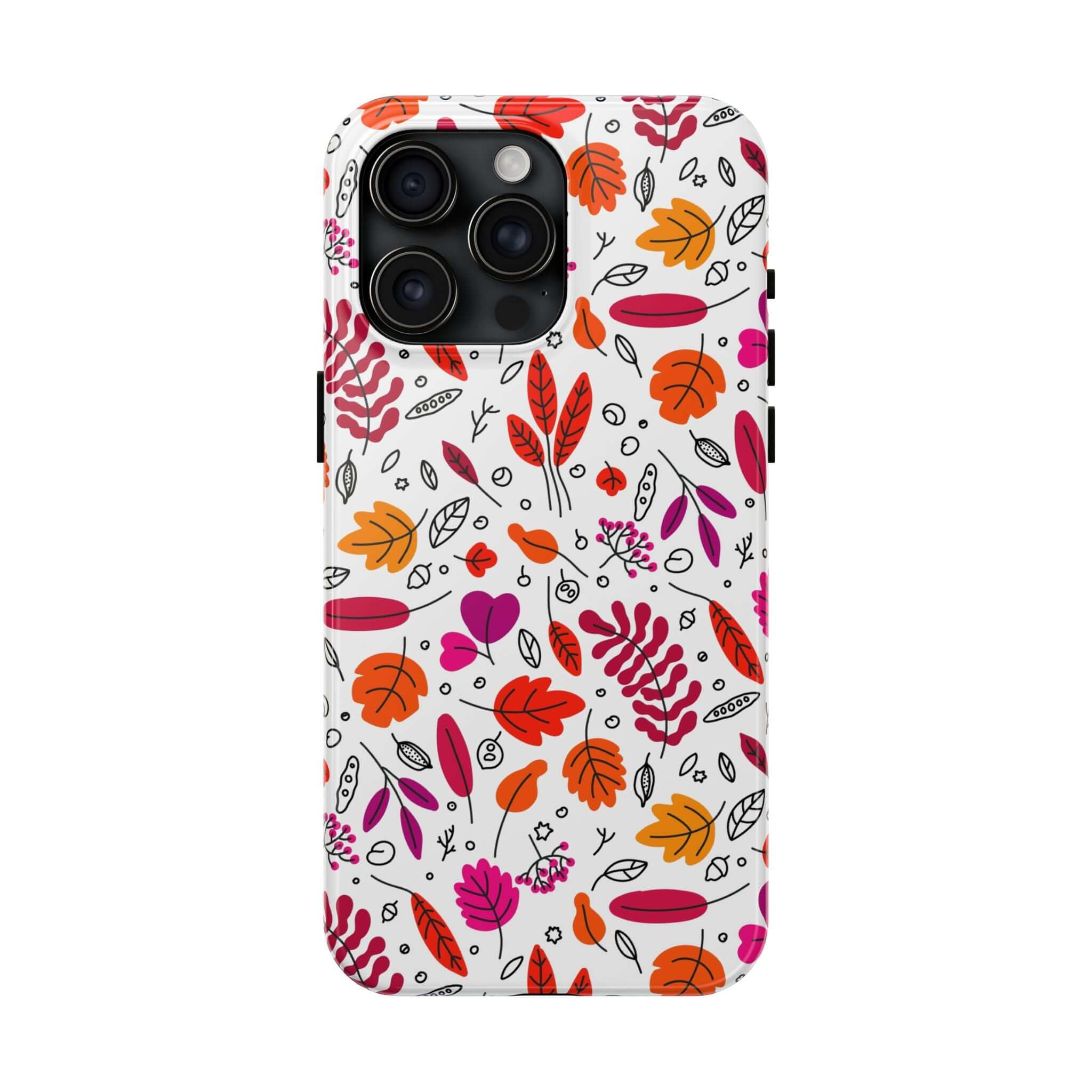 Wireless charging iPhone case with colorful fall leaves design, perfect for Halloween and autumn season, cute and protective.