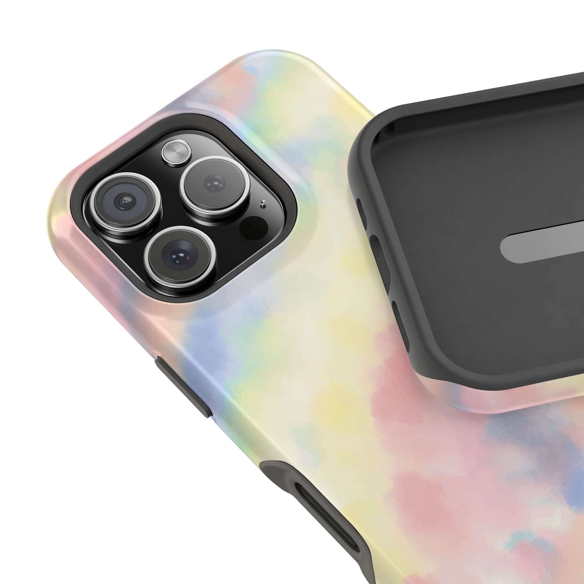 Cute iPhone case with pastel tie dye design and MagSafe compatibility, showcasing vibrant phone case aesthetics.