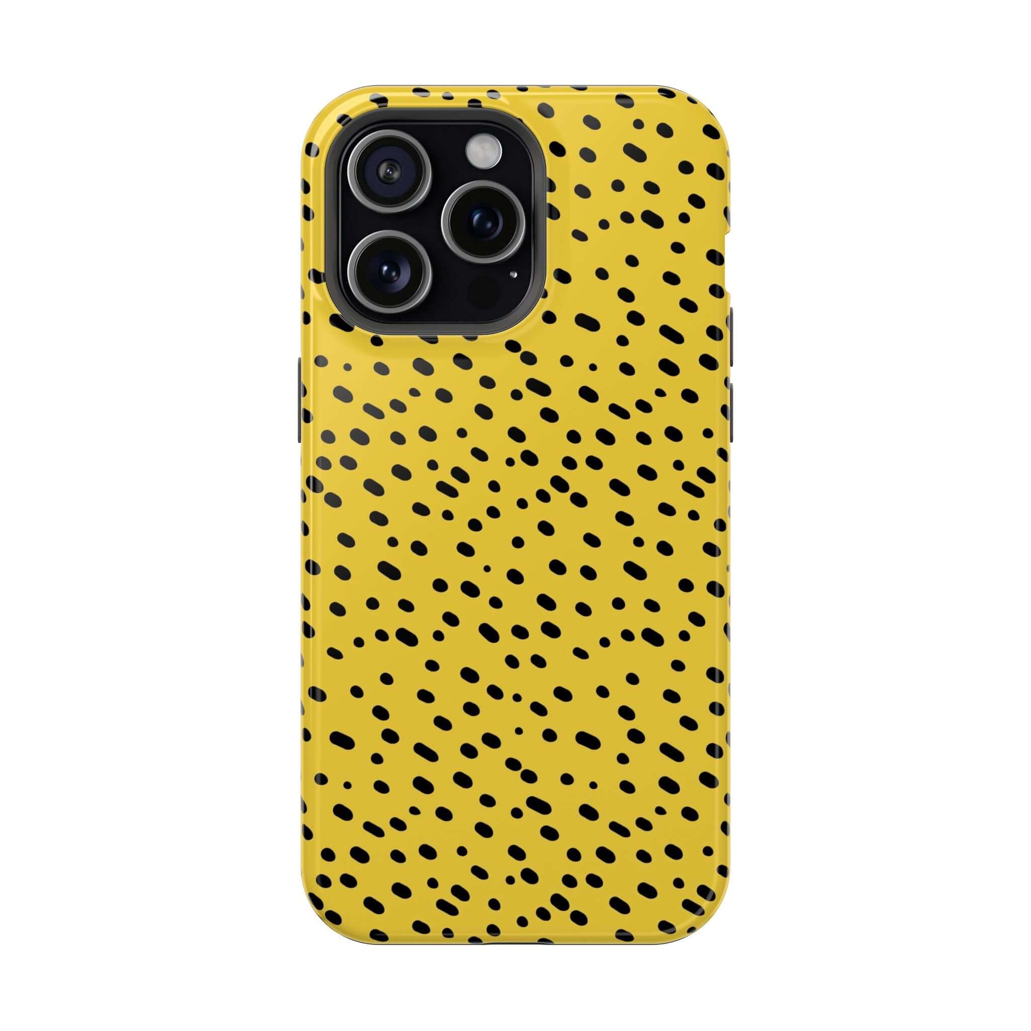 Vibrant yellow iPhone case with bold black cheetah spots, offering colorful and cute protection with abstract design.