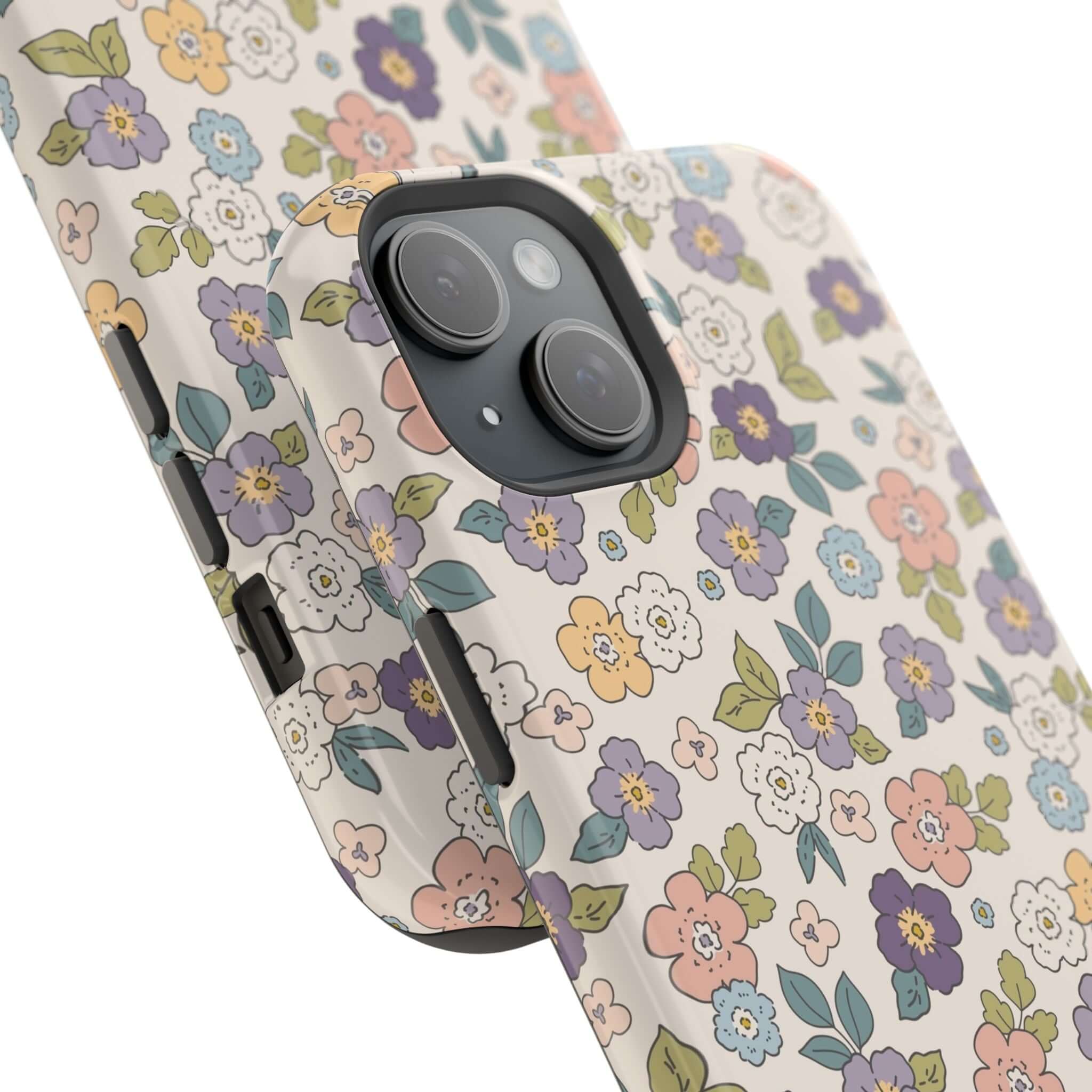 Colorful Ditsy Daisies floral iPhone case with cute design and MagSafe compatibility, perfect for stylish beachy vibes.