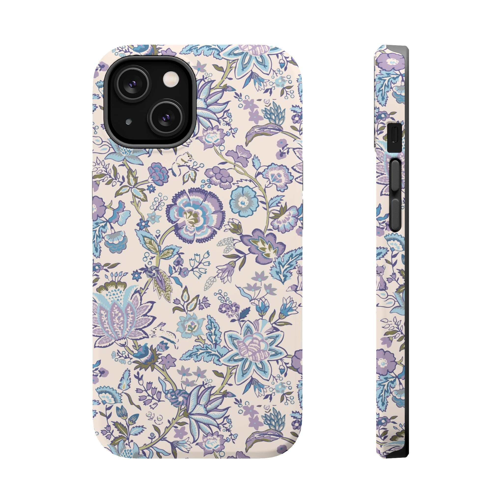 Blue CottageCore MagSafe iPhone case with floral design, whimsical and cute phone cover adding nature's charm to your tech.