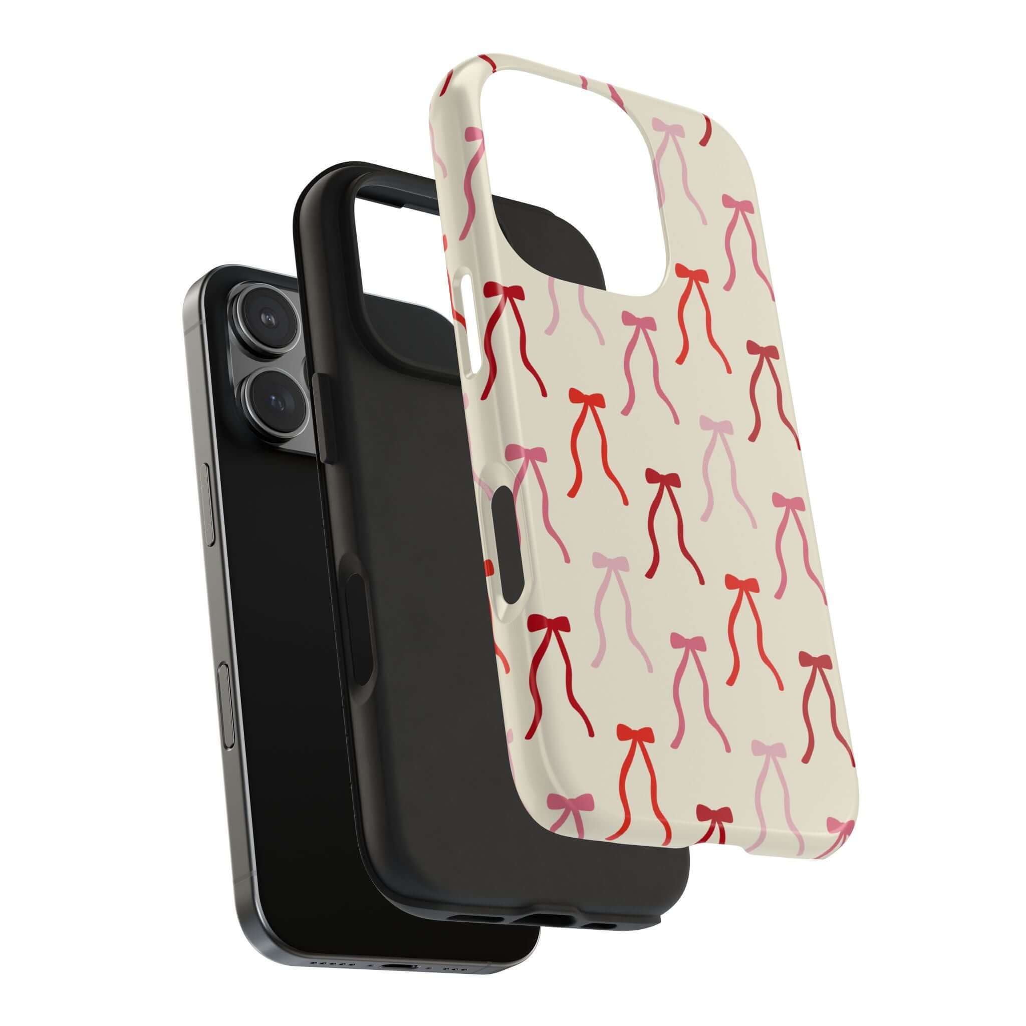 Beige Coquette phone case with cute red bows for iPhone 16, showcasing stylish protection and playful design.