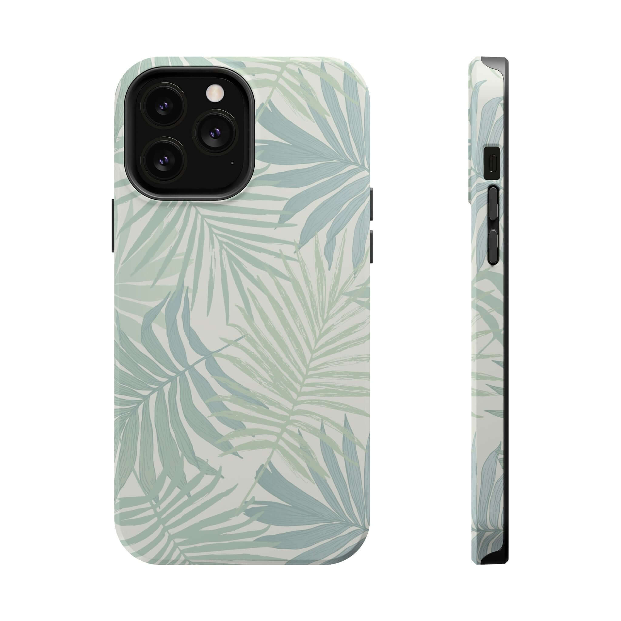 Teal Tropical iPhone case with palm tree design, featuring MagSafe technology, perfect cute phone case for summer with free shipping.