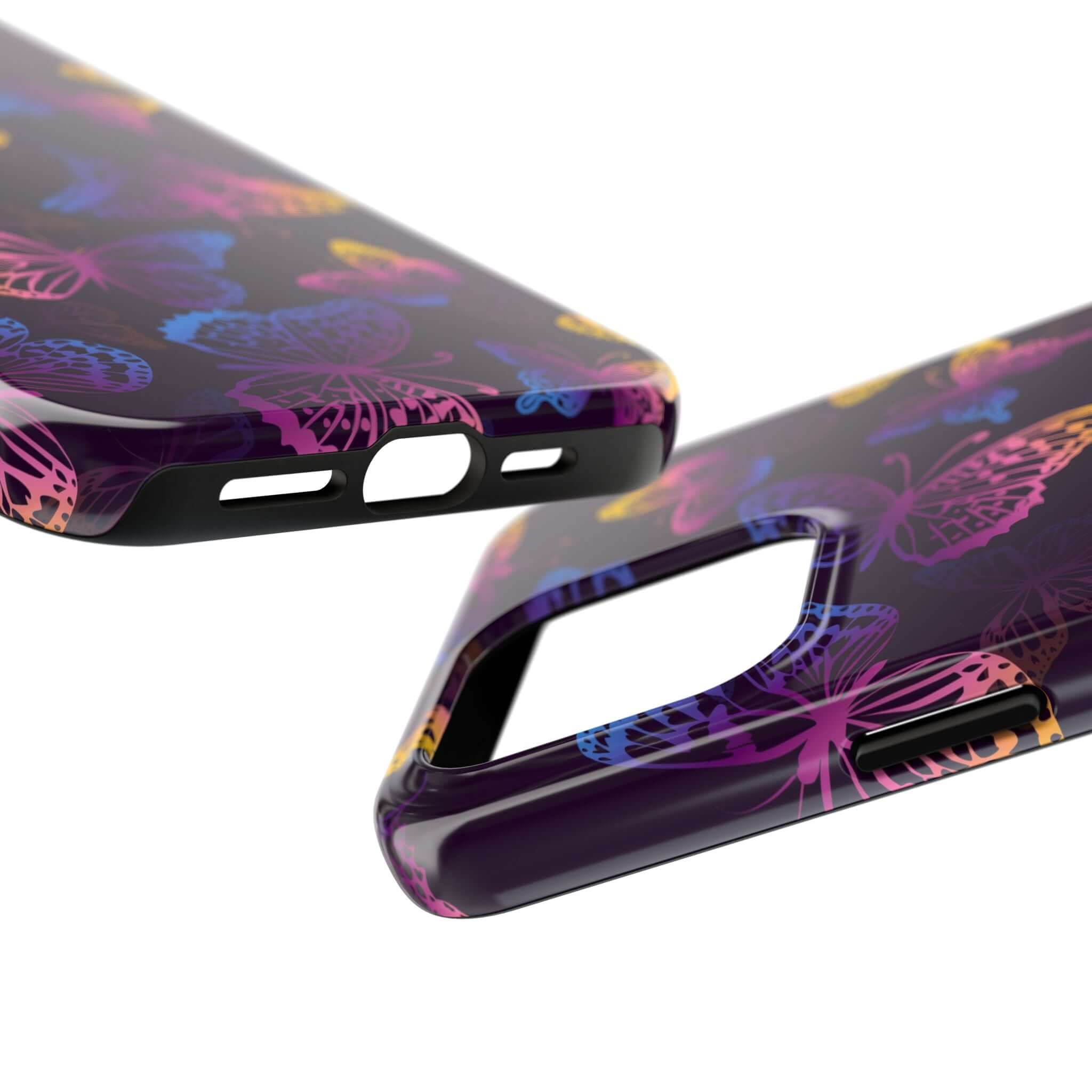 Midnight Flutter black MagSafe iPhone case with colorful butterfly design, cute floral phone cover for unique style.