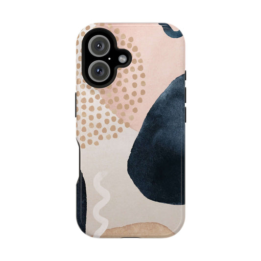 Beige abstract iPhone case with colorful geometric design, MagSafe compatible, offering cute and modern phone protection.