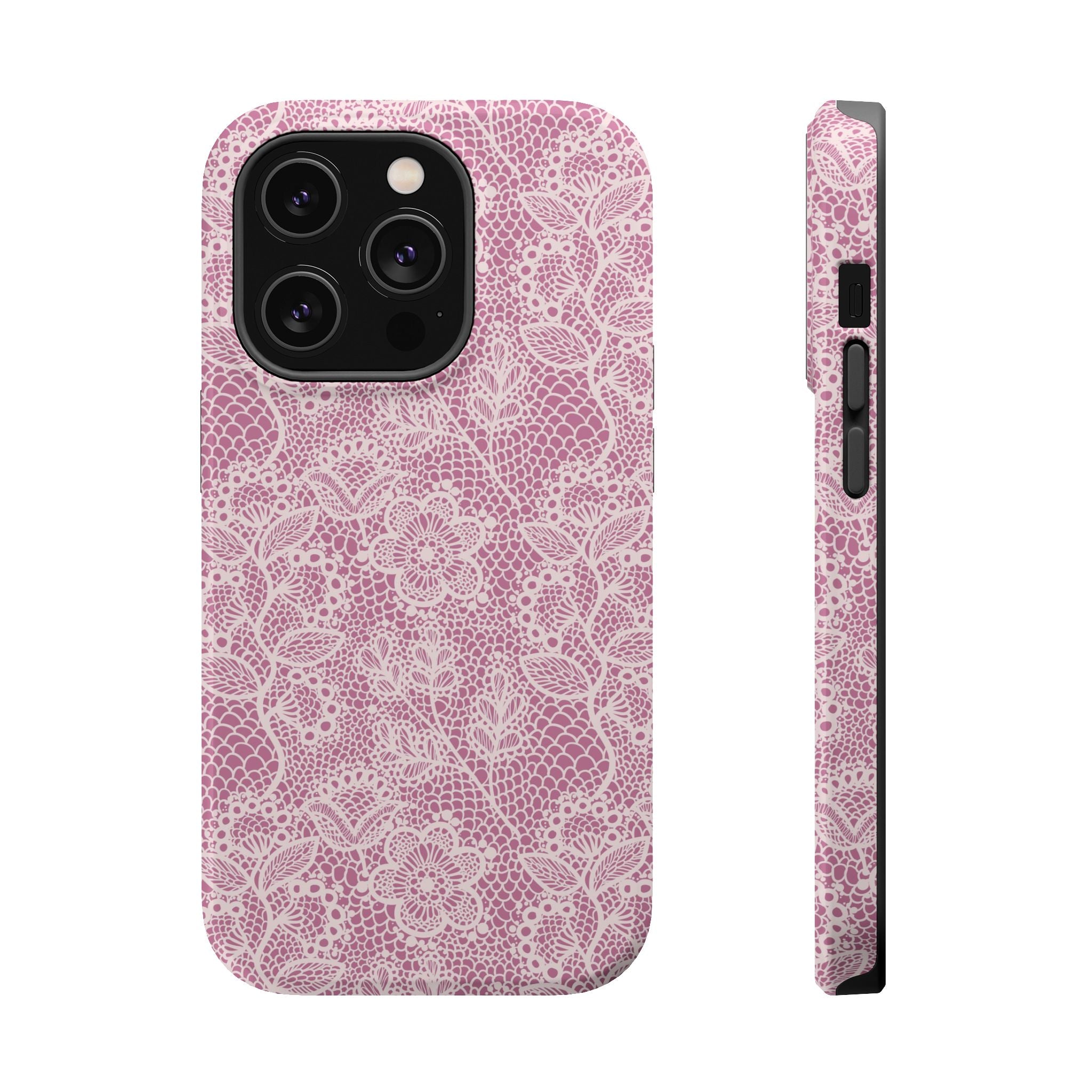 Pink Lace MagSafe iPhone Case with floral design, combining cute country charm and functionality for a stylish phone cover.