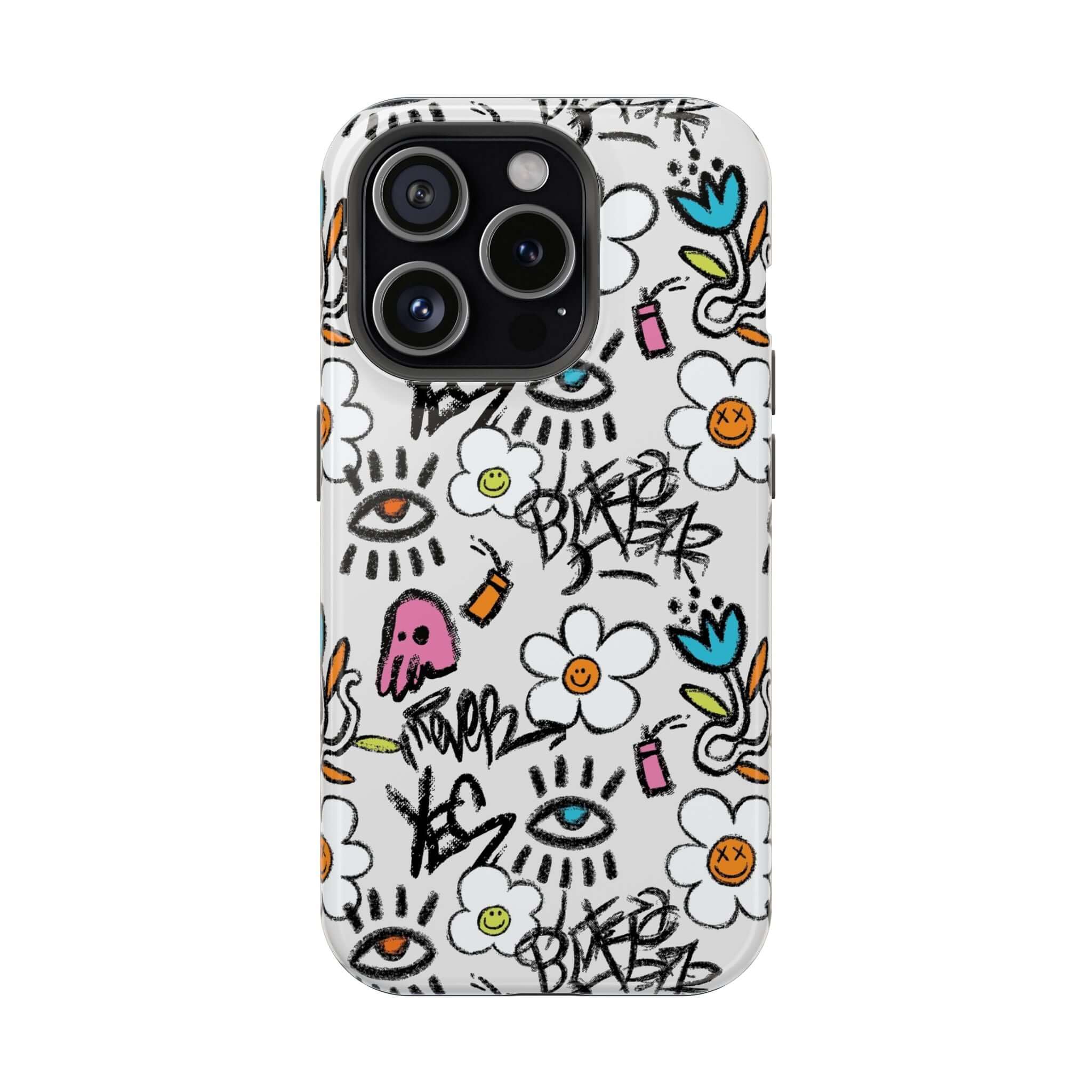 Happy Chaos Floral Graffiti Case for iPhone, featuring vibrant colors and playful designs—your cute phone cover upgrade!