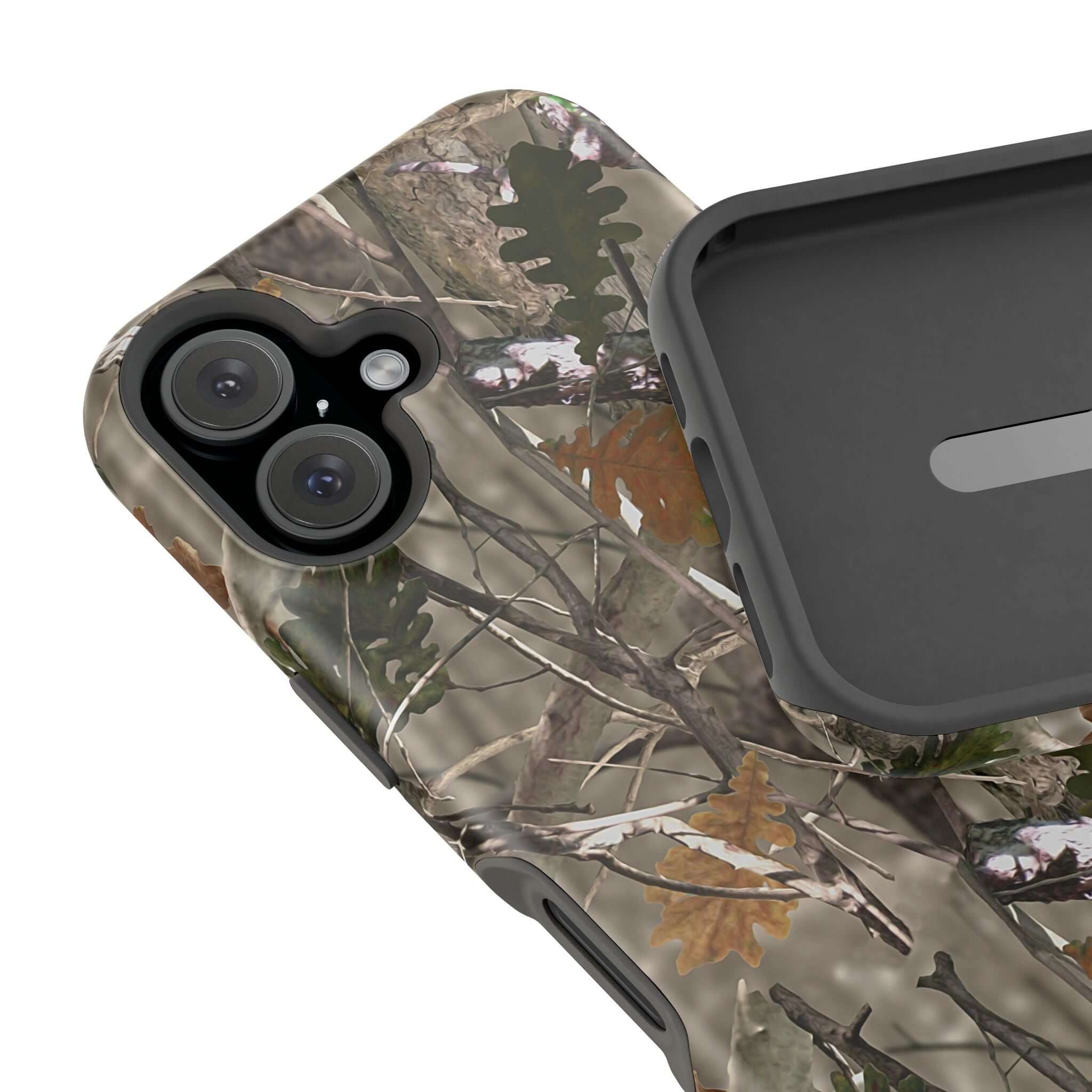 Modern forest camo iPhone case with animal print and MagSafe compatibility, showcasing cute and quirky style.