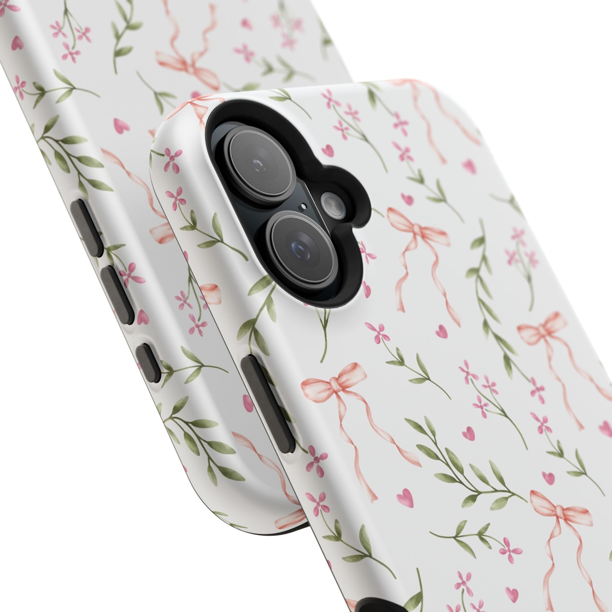 Whimsical Pink Coquette Case with bows and floral design for iPhone, featuring MagSafe compatibility. Cute Phone Cover by Darling Daydream.