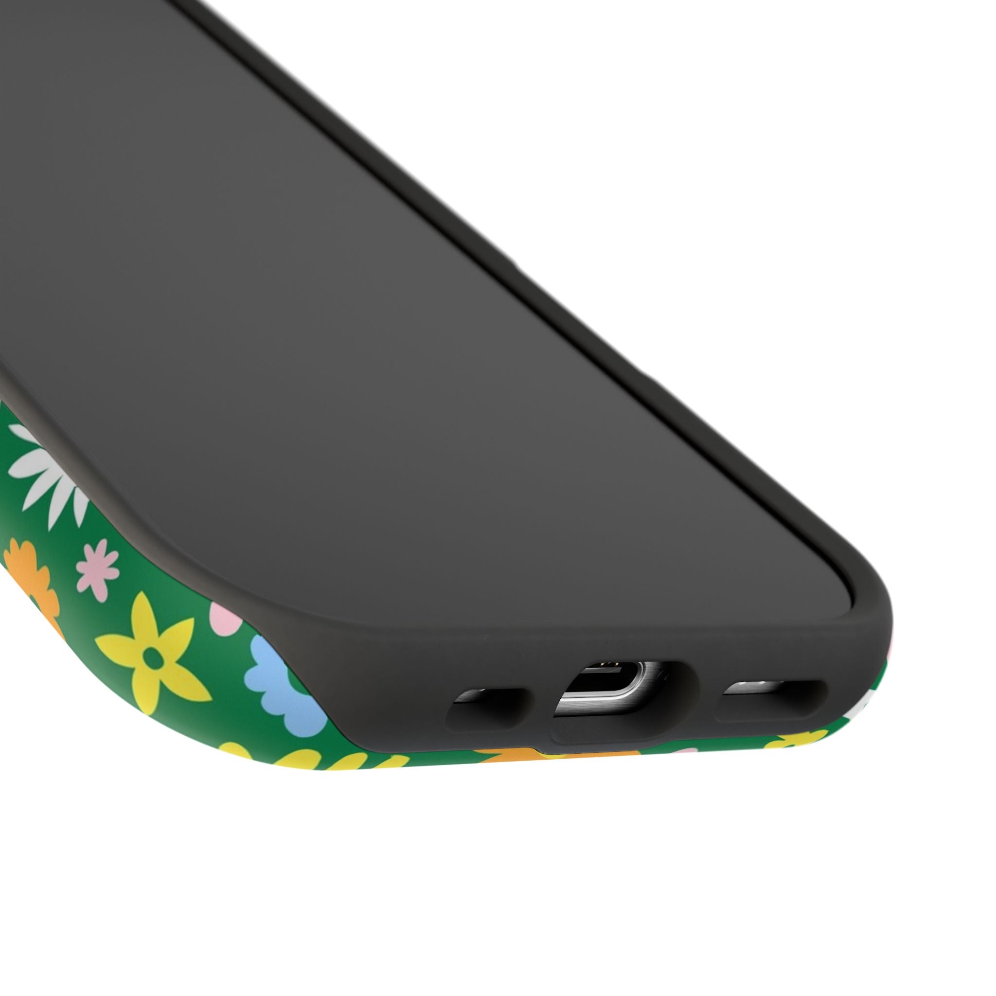 Vibrant floral MagSafe iPhone case with playful hippie design and colorful accents, offering cute and stylish phone protection.